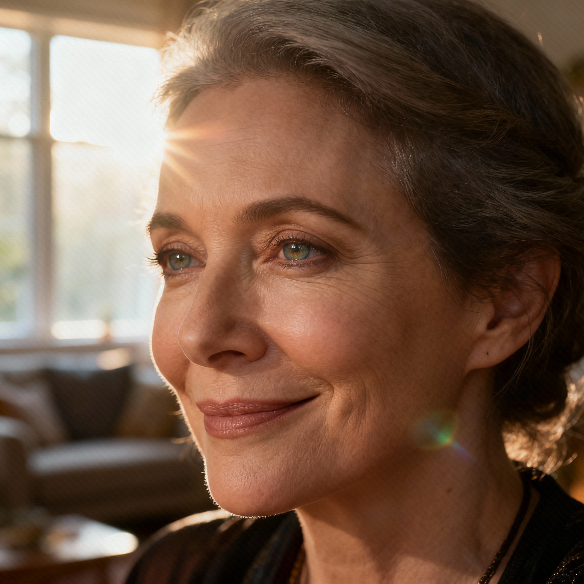 A close-up portrait of a wise and empathetic middle-aged female psychic. She has a gentle gaze and a warm smile, set against a soft, cozy indoor background, creating a sense of trustworthiness.