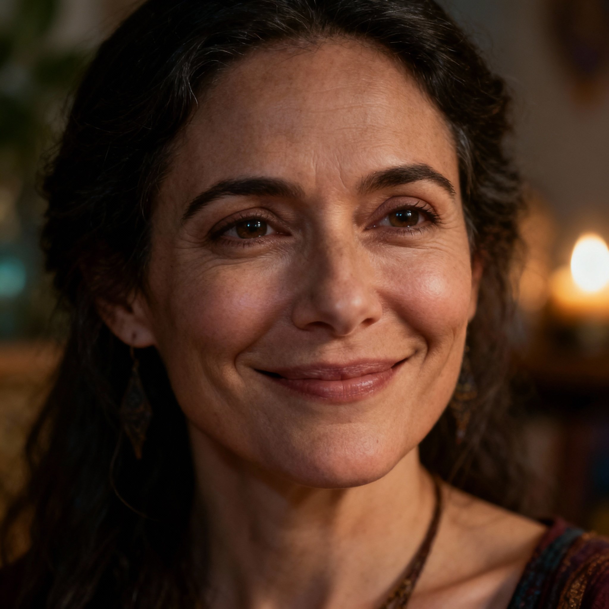 A close-up portrait of Advisor Scarlett, a psychic with a warm smile and eyes full of wisdom and compassion. Soft lighting creates an approachable and trustworthy atmosphere.