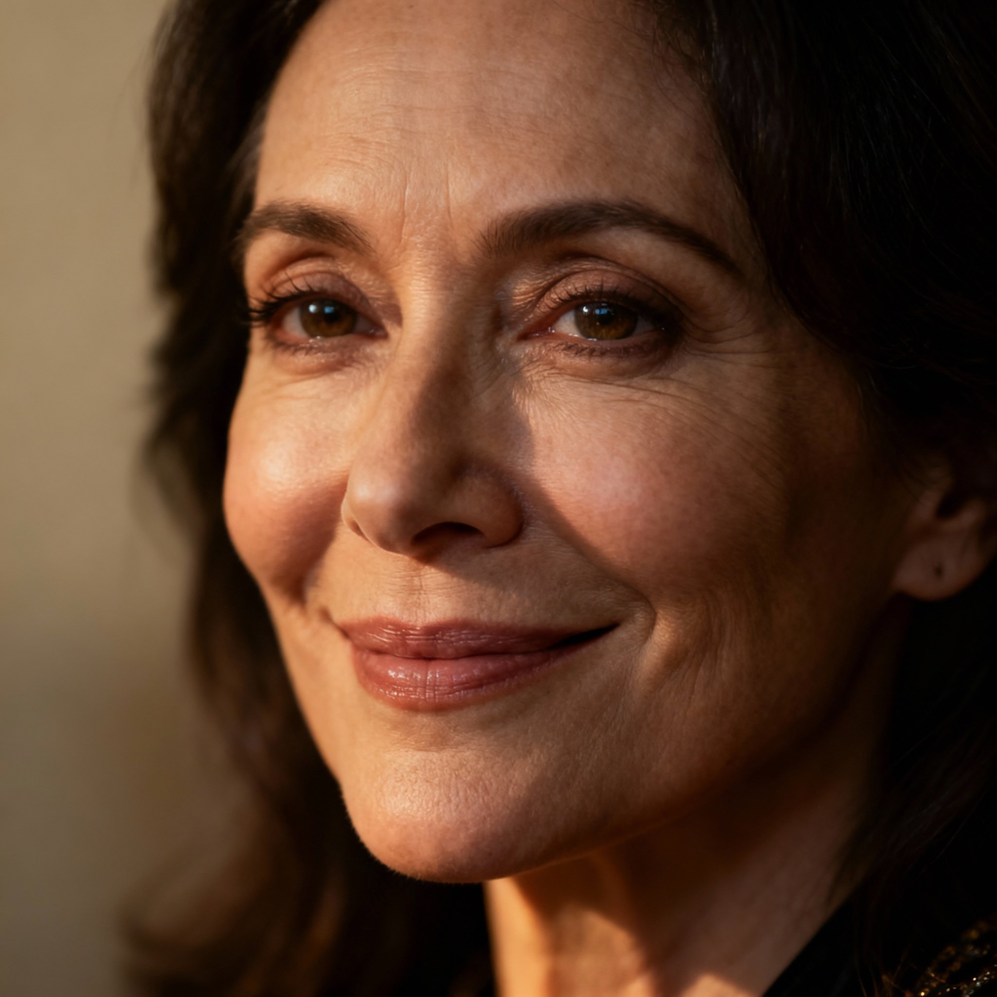 A close-up photo of a compassionate and wise female psychic, featuring a warm smile and knowing eyes. The soft lighting and blurred background create a trustworthy and approachable atmosphere.