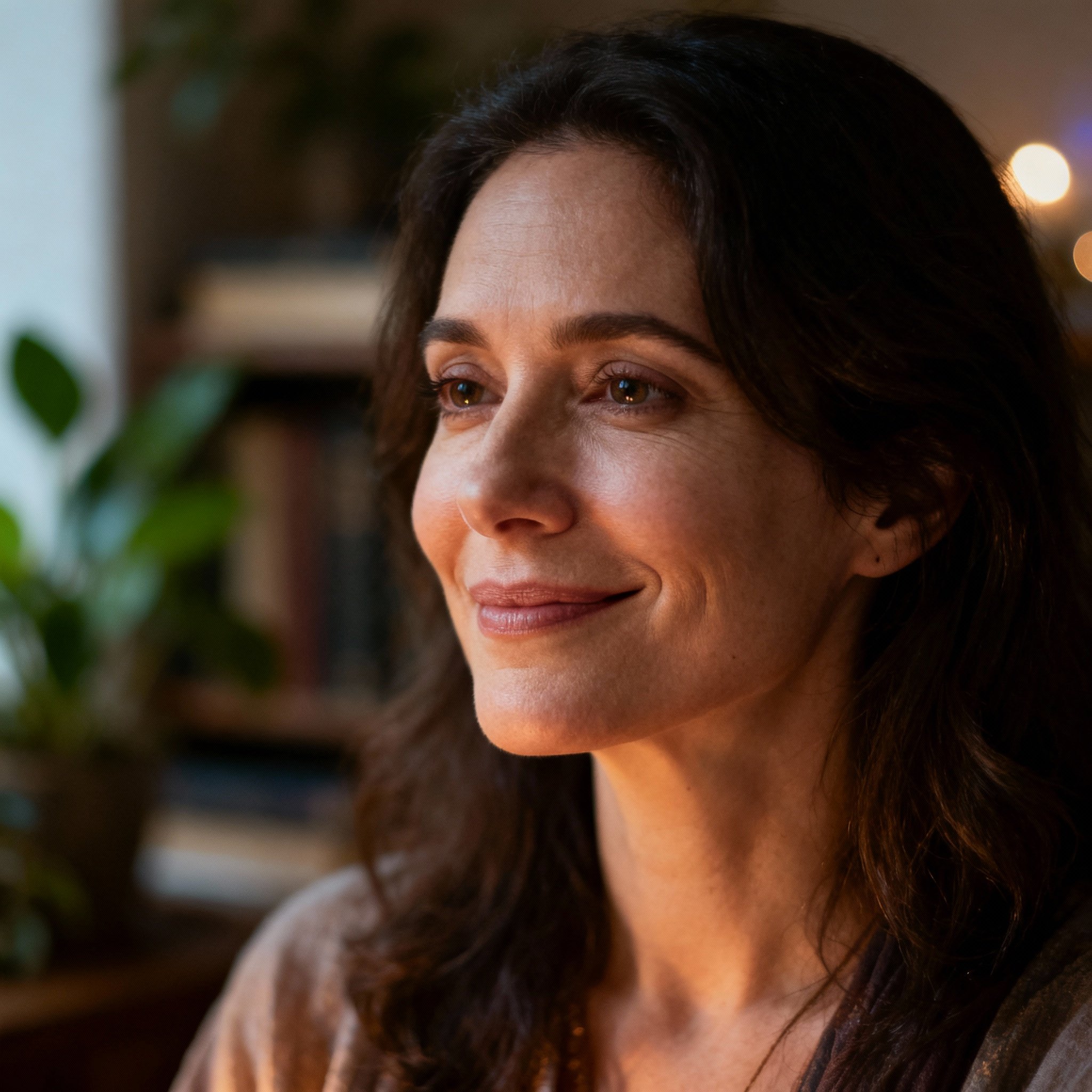 A close-up portrait of Lidi, a wise and empathetic female psychic, with a gentle smile and kind eyes that inspire trust.