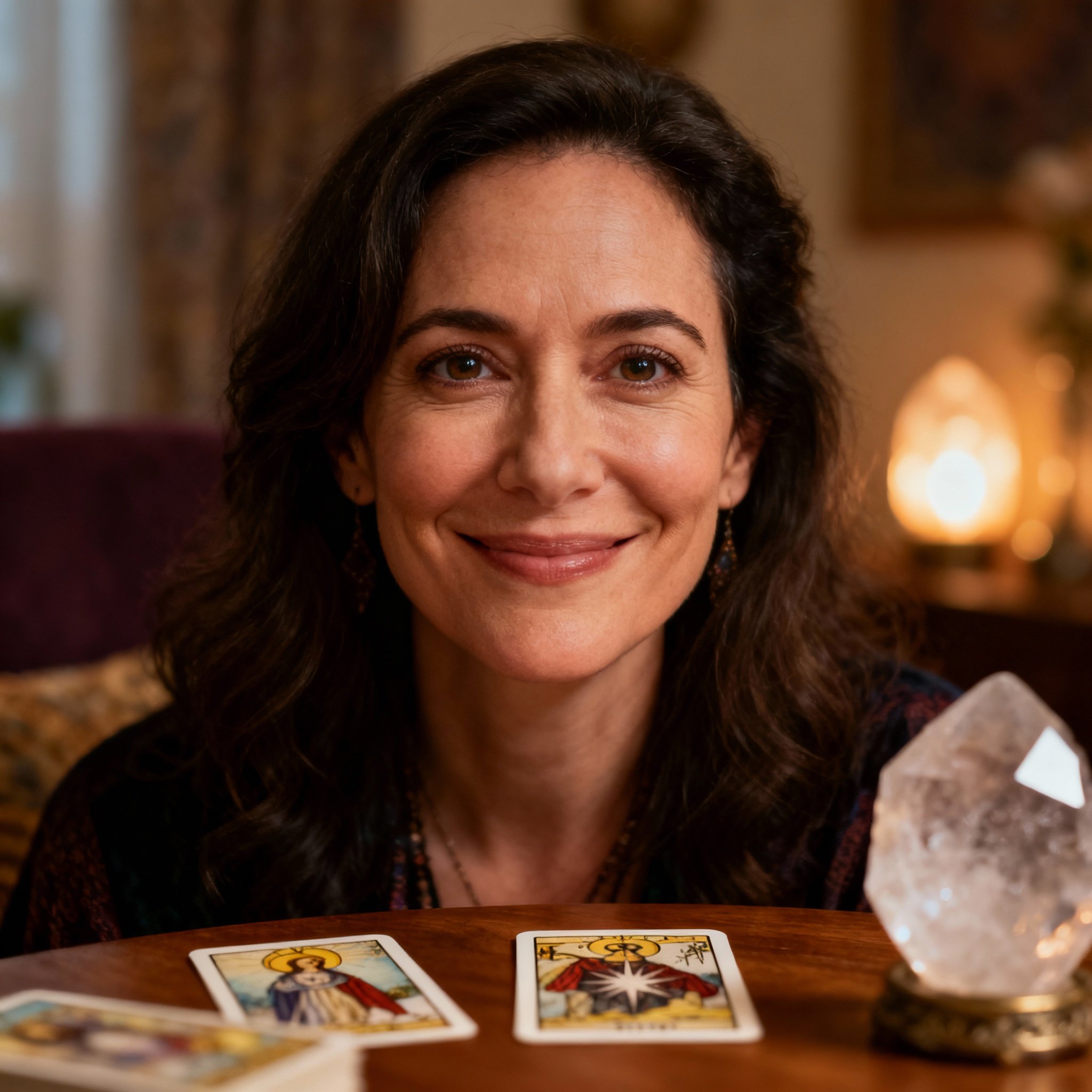A close-up portrait of a compassionate and trustworthy female psychic, looking warmly at the camera in a softly lit consultation room.