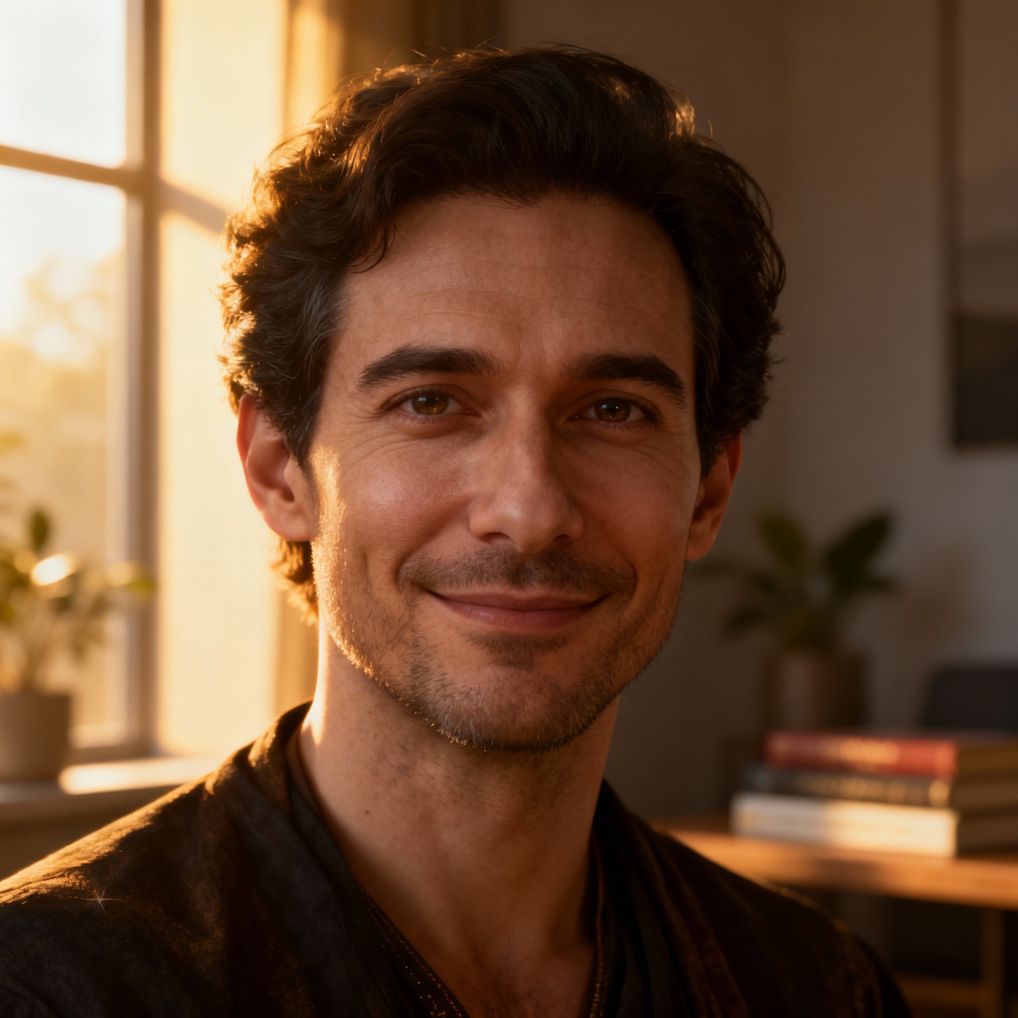A close-up portrait of a male psychic, Zed, with a warm, understanding smile and wise eyes. The background is a soft, comfortable indoor setting with gentle side lighting, creating a sense of trust and approachability.