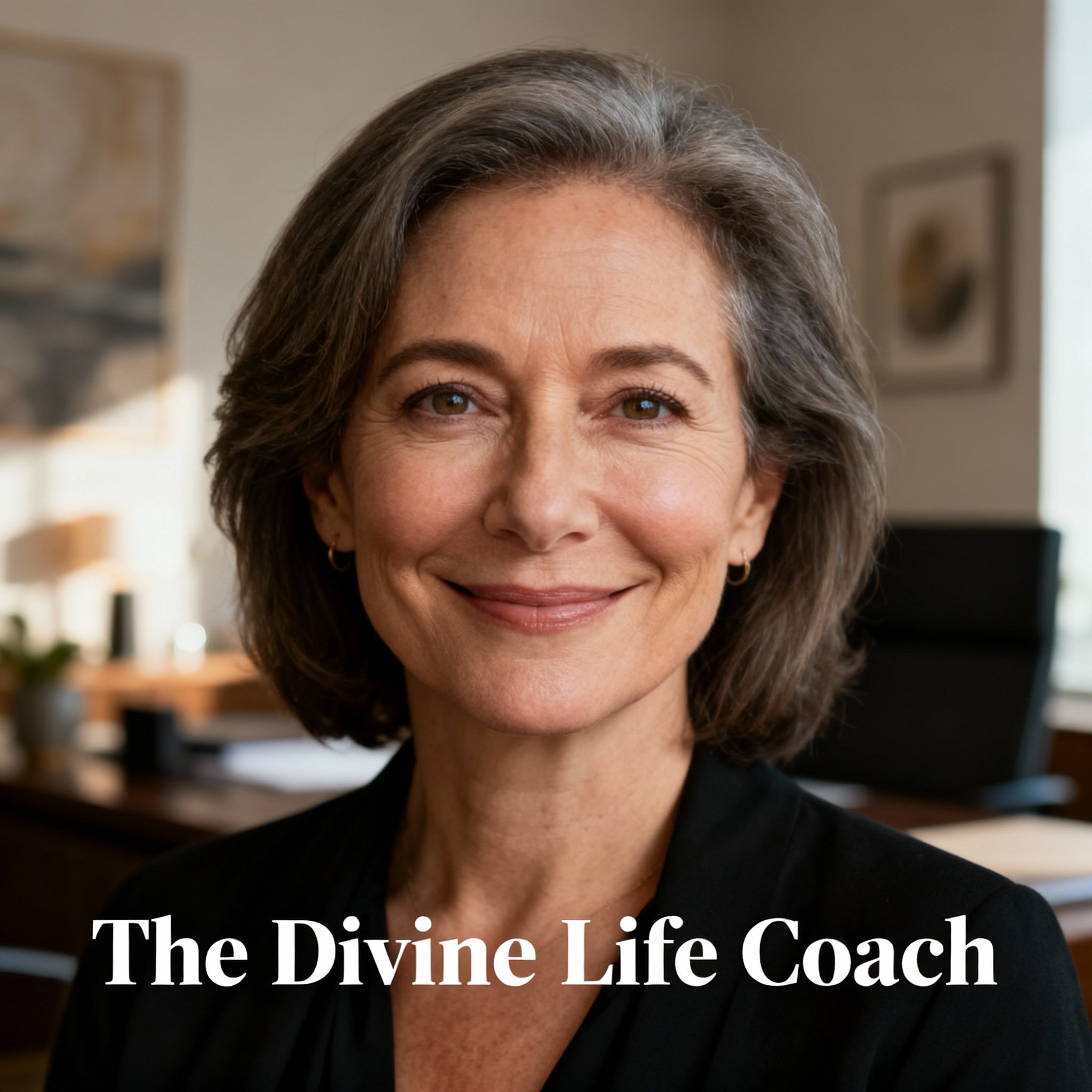 A close-up portrait of a wise and empathetic middle-aged female psychic advisor, looking directly at the camera with a warm gaze in a soft, cozy consultation room, evoking professionalism and trust.