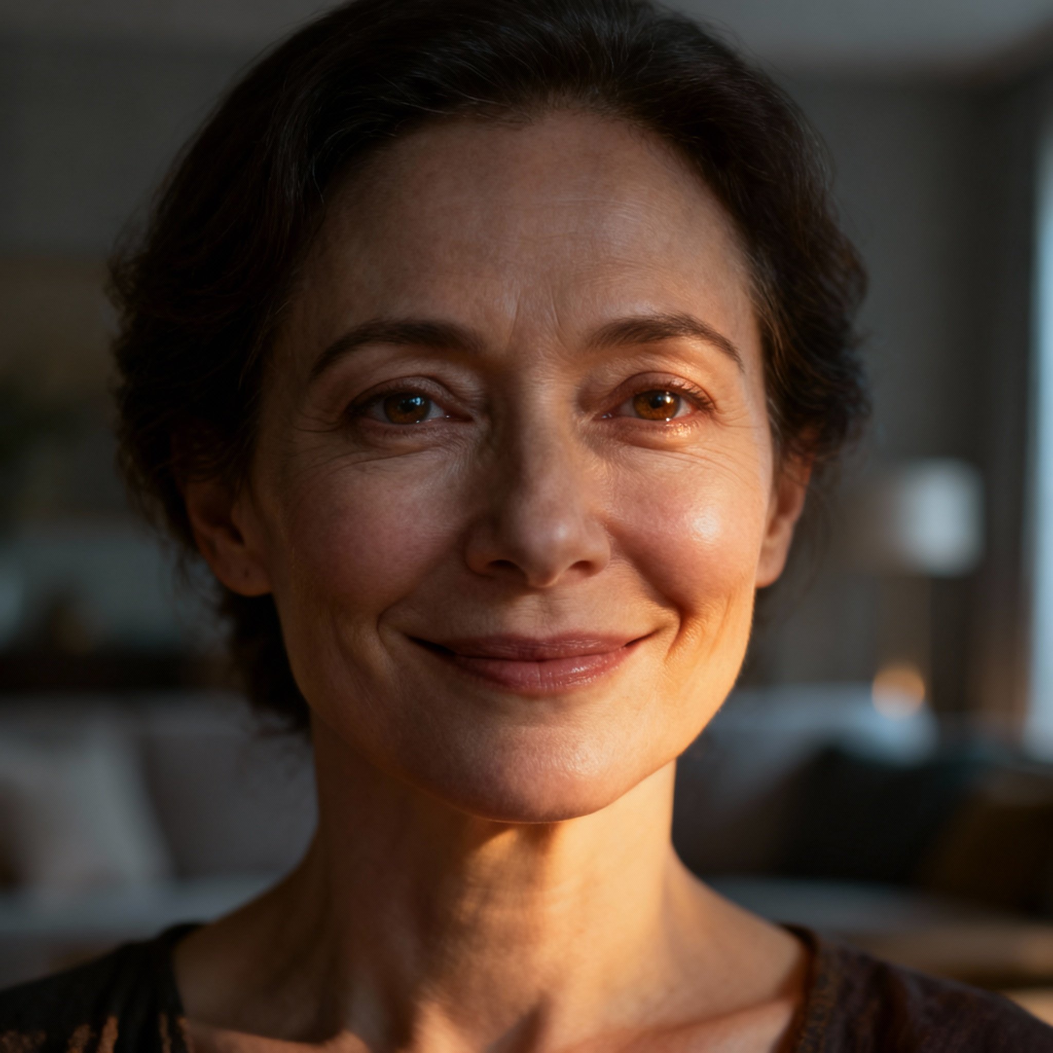 A close-up portrait of Psychic Vanessa, a woman in her 40s with warm, wise eyes and a kind smile, set against a soft, cozy consultation room, exuding an aura of trustworthiness and compassion.