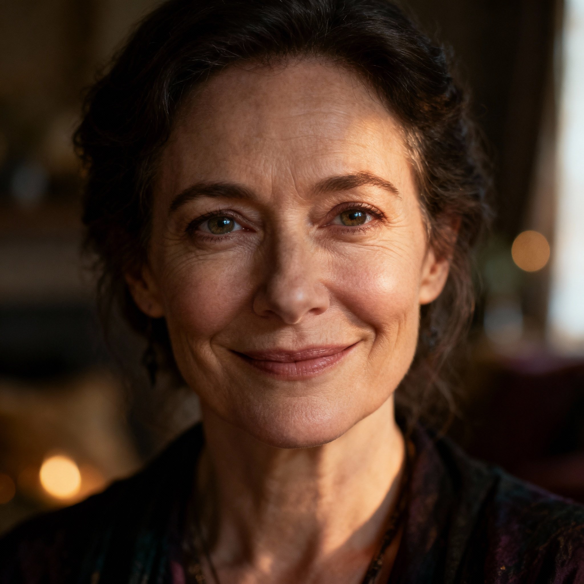 A close-up portrait of a wise and compassionate female psychic, Elva Jade. She has knowing eyes and a warm, gentle smile, set against a soft, glowing background, creating a sense of trustworthy and down-to-earth mysticism.