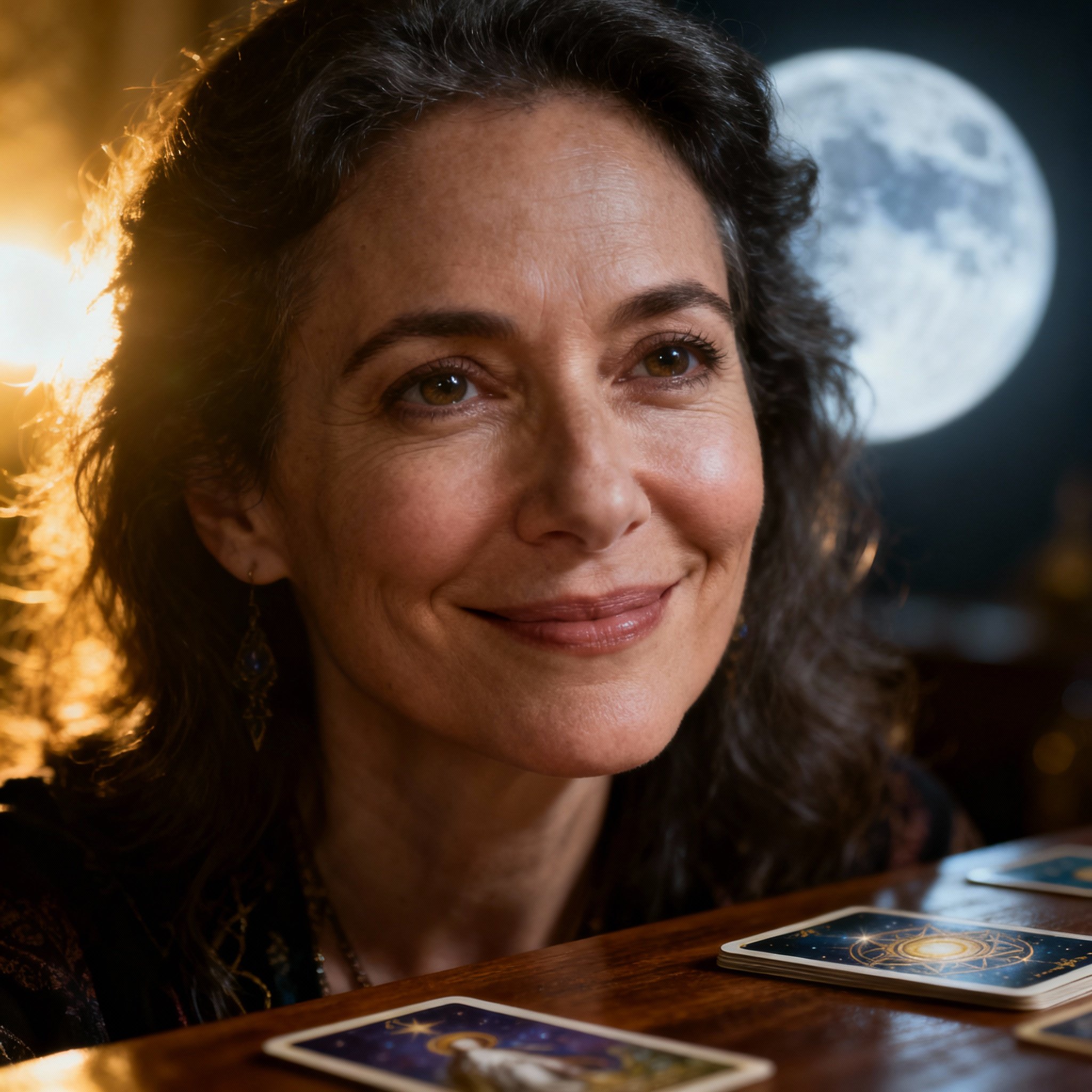 A close-up portrait of a wise and compassionate female psychic with a warm gaze, exuding trustworthiness against a mystical sun and moon-themed background.