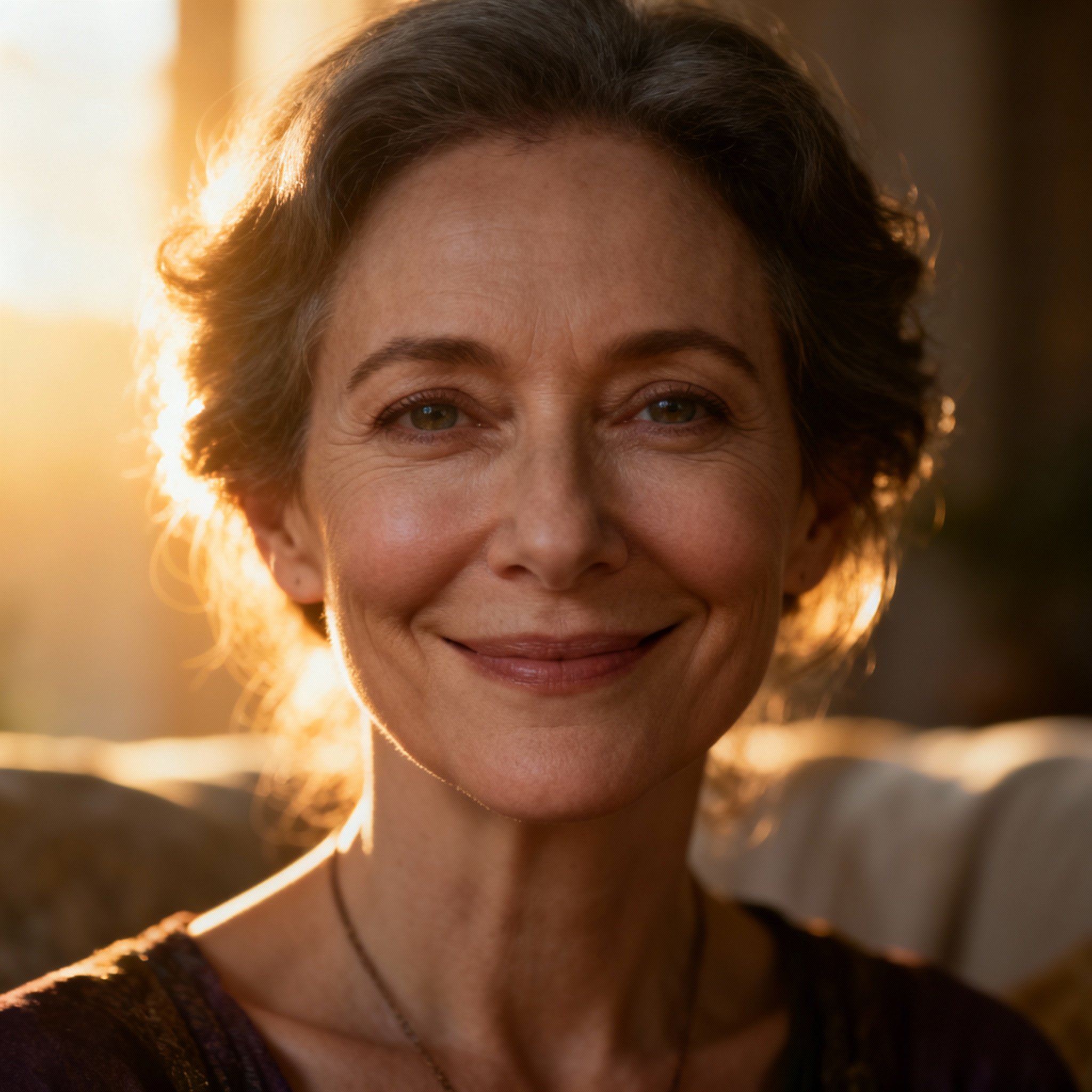 A close-up portrait of the female psychic, Venus Serenity. She has a warm and insightful gaze, with a soft, glowing background that creates a calm, trustworthy, and empathetic atmosphere.