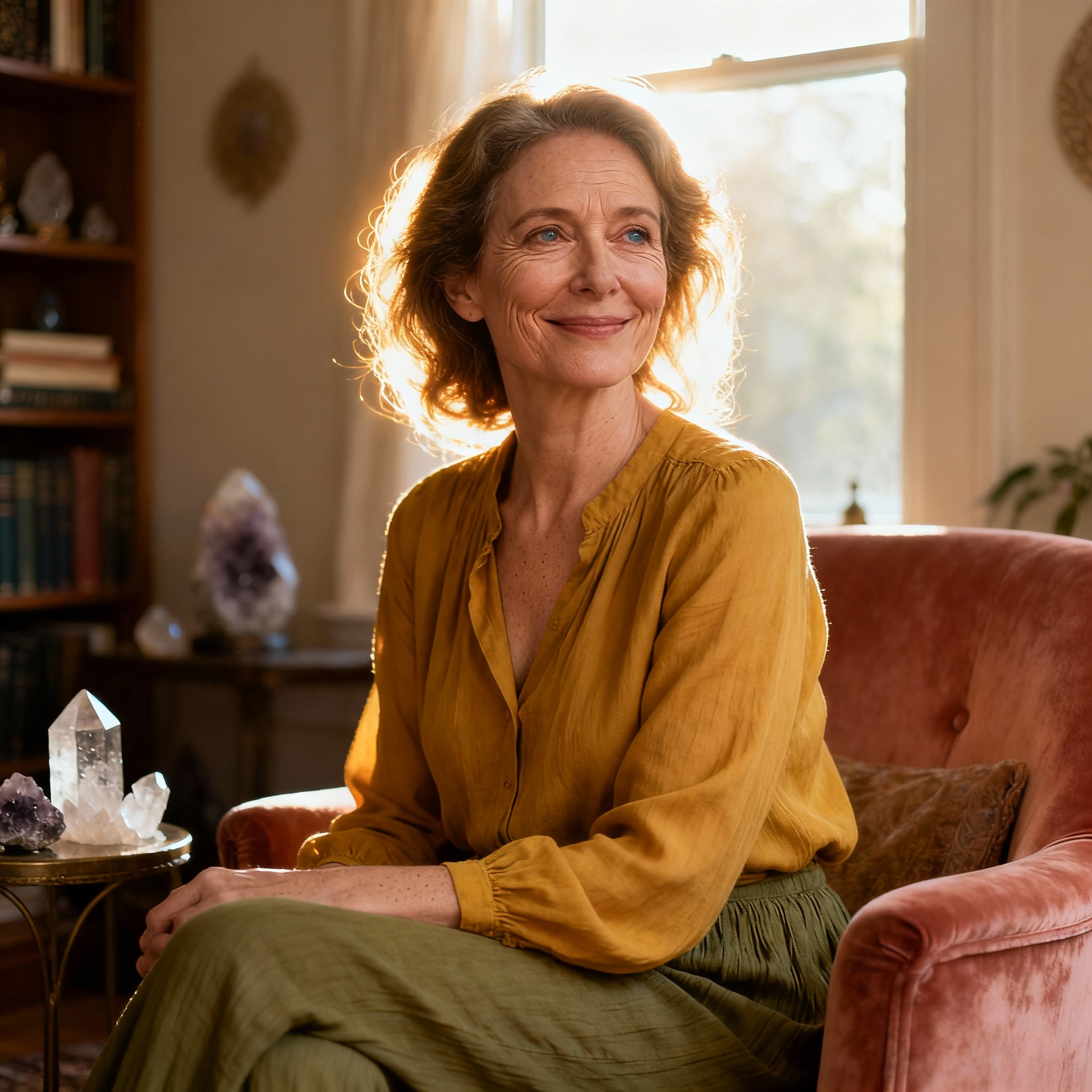 A close-up portrait of the psychic 'Mystic Muse', a mature and wise woman with warm eyes and a serene smile, set against a soft, natural light background that conveys a deep sense of trust and empathy.