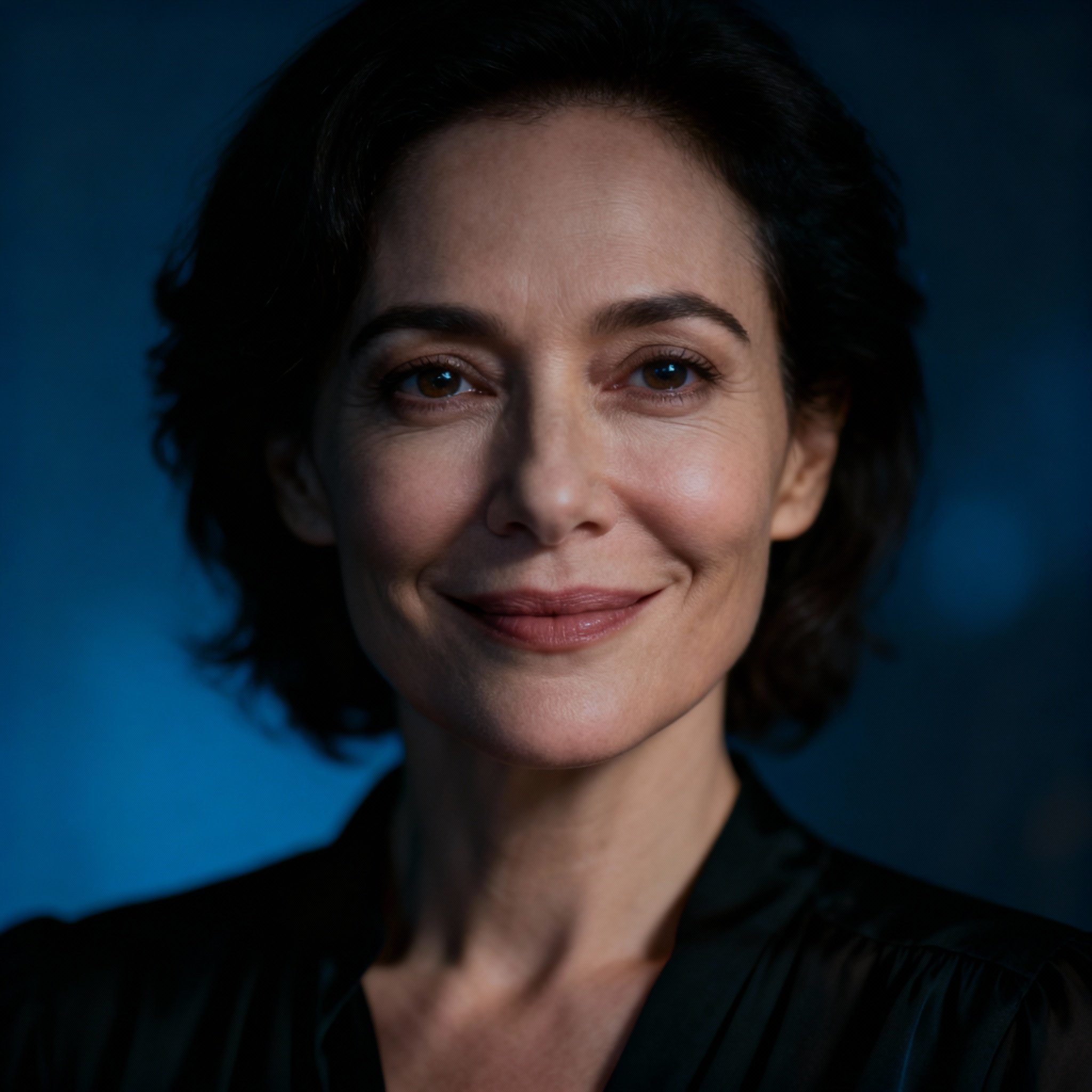 A professional close-up portrait of psychic Venus Apollonia. She has a clear, direct gaze and a slight, confident smile. Soft side lighting highlights her features against a clean background, creating a modern, trustworthy, and insightful feel.