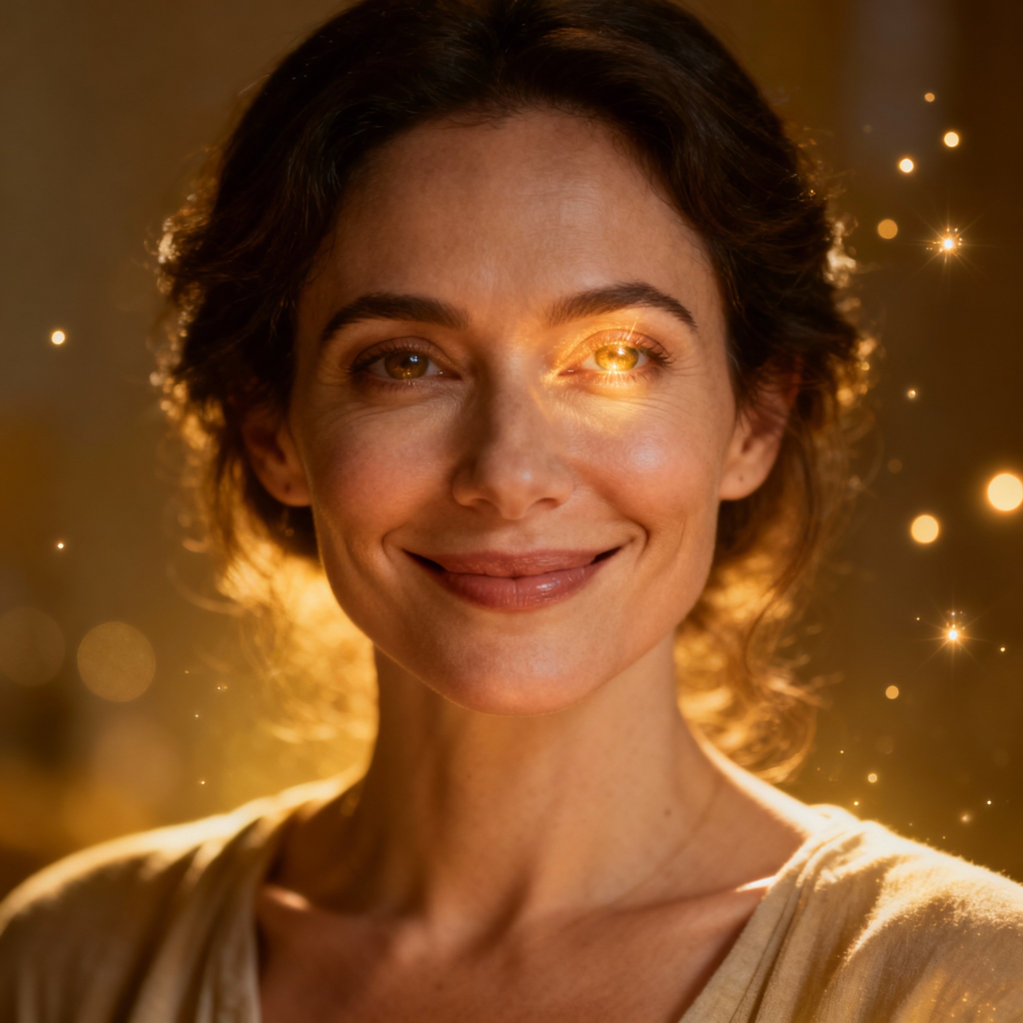 A close-up portrait of Star Luna, the psychic, with a warm smile and eyes full of wisdom and empathy, set against a soft background to create an atmosphere of trust and calm.