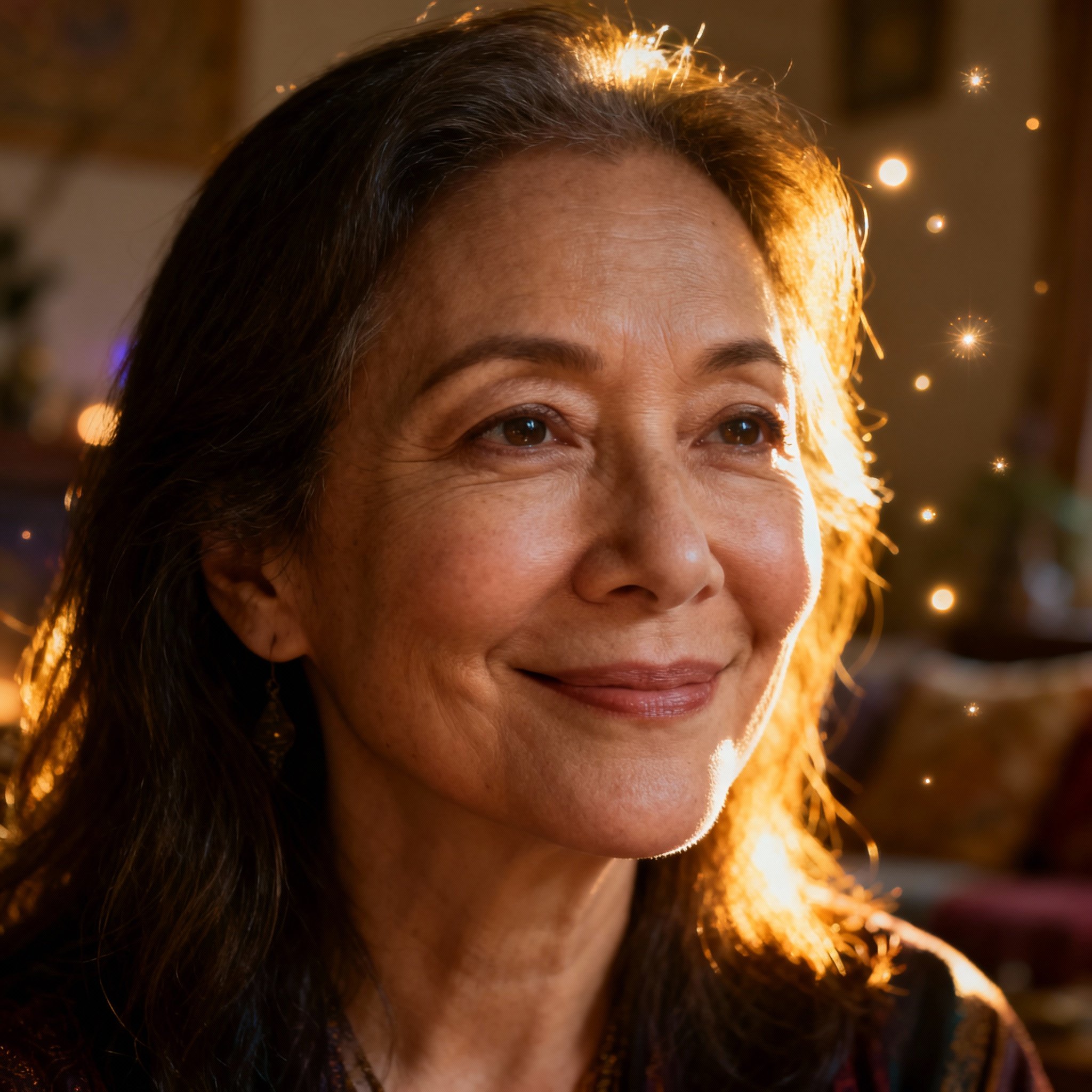 A close-up portrait of a psychic advisor named Kim, smiling with wise and compassionate eyes, against a backdrop of soft, warm light.