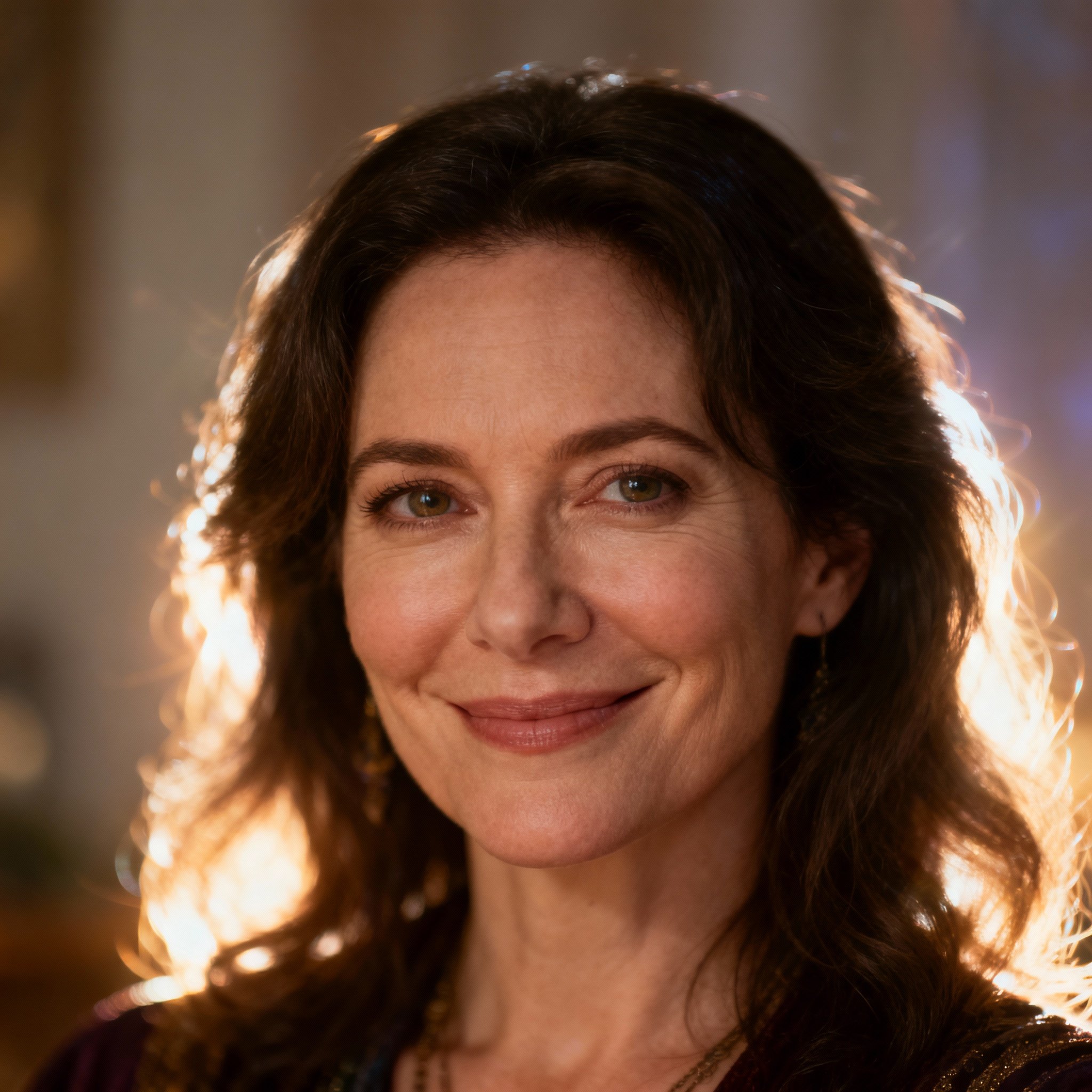 A close-up portrait of a compassionate female psychic named Jess. She has a warm smile and wise eyes, creating an atmosphere of trust and reassurance.