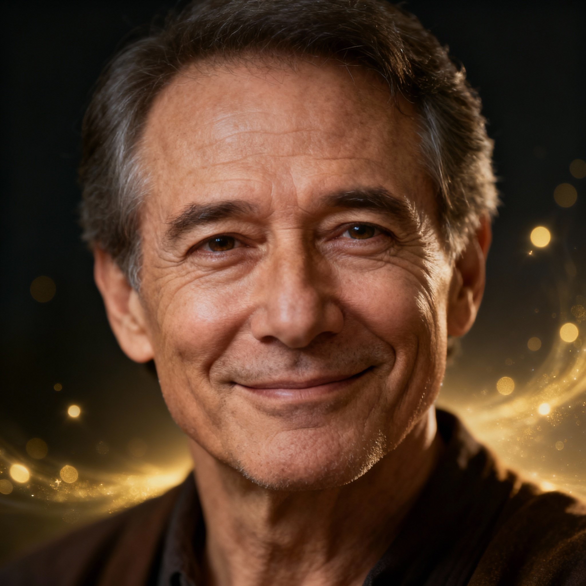 A close-up portrait of a compassionate male psychic with wise eyes, set against a soft, glowing background that evokes a sense of warmth and trust.