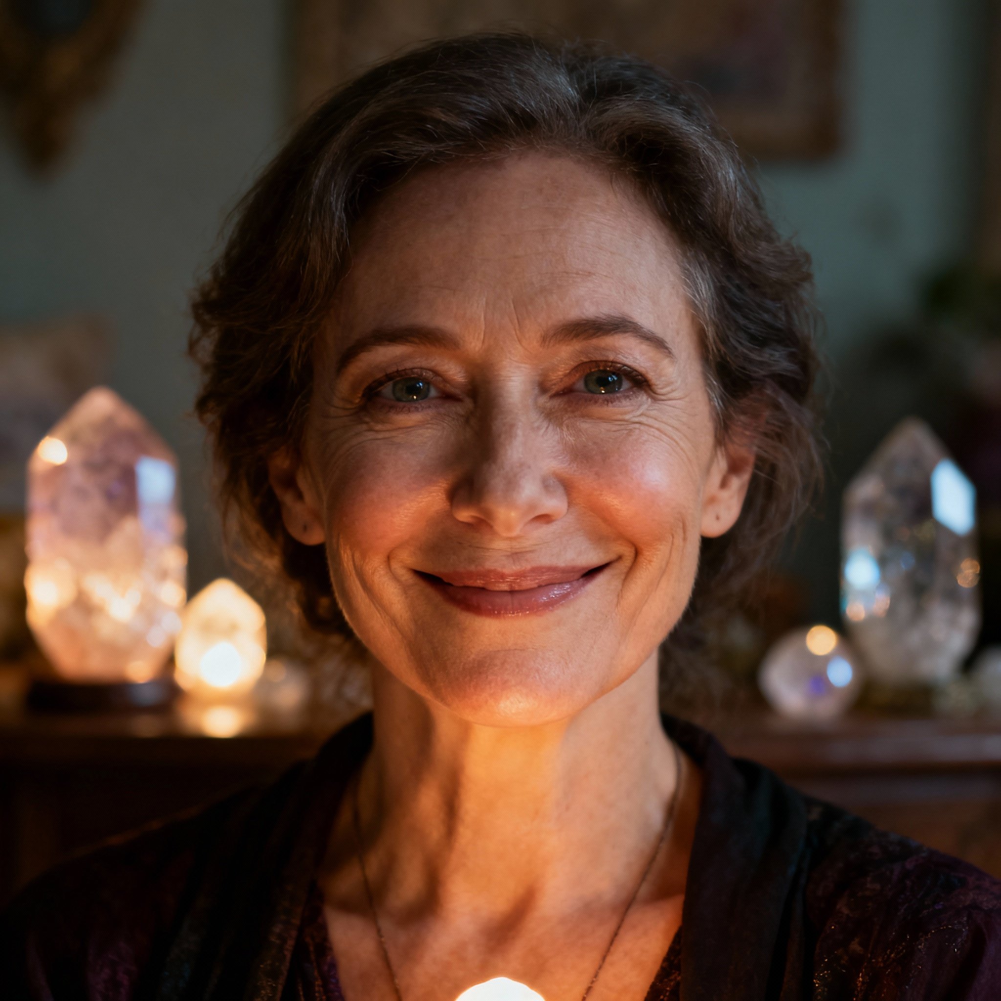A close-up portrait of a wise and compassionate female psychic, her warm gaze conveying trust and understanding against a soft background, creating a reassuring atmosphere.