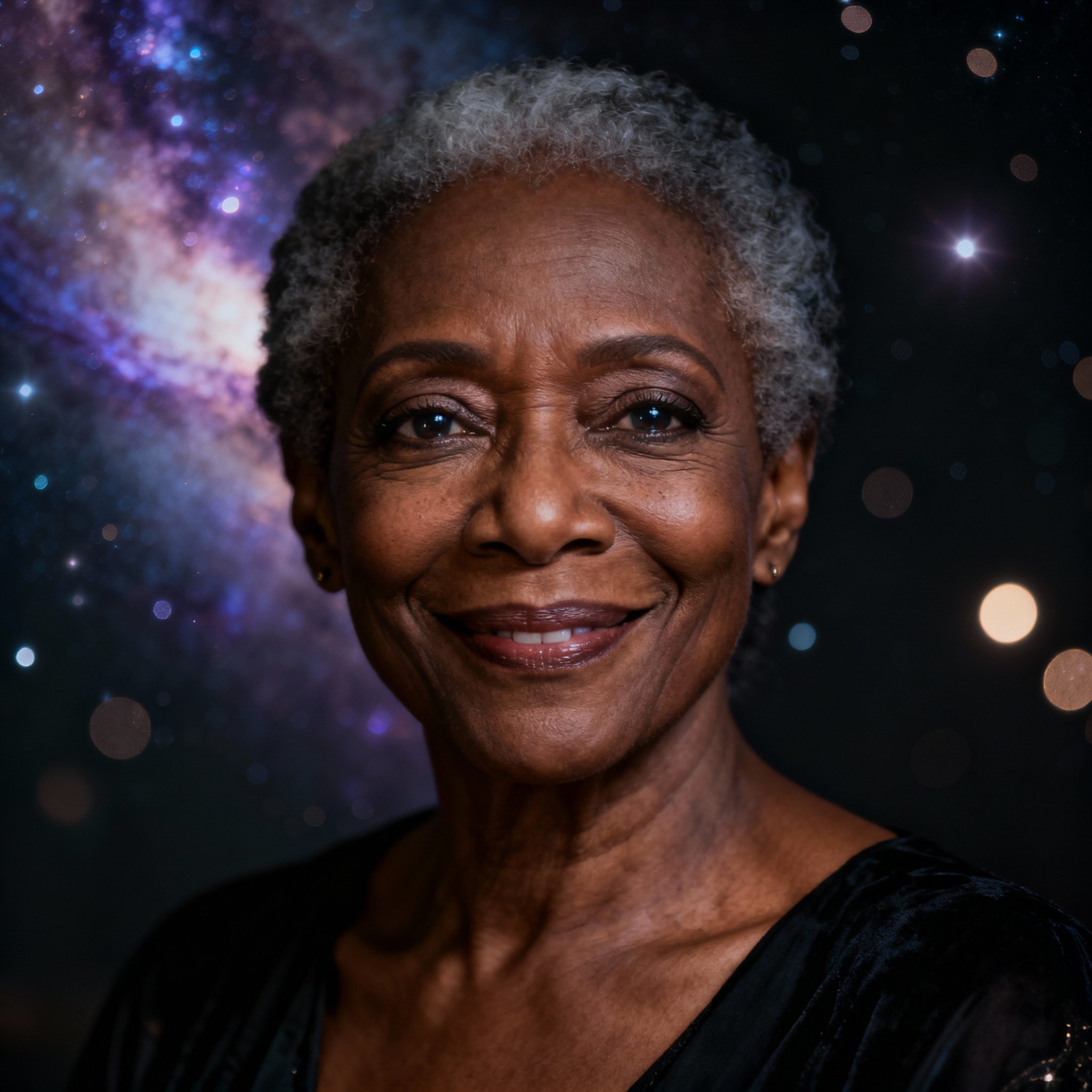 A portrait of a wise and compassionate African psychic woman, her eyes warm and profound, set against a soft cosmic glow, creating a sense of trust and mystery.