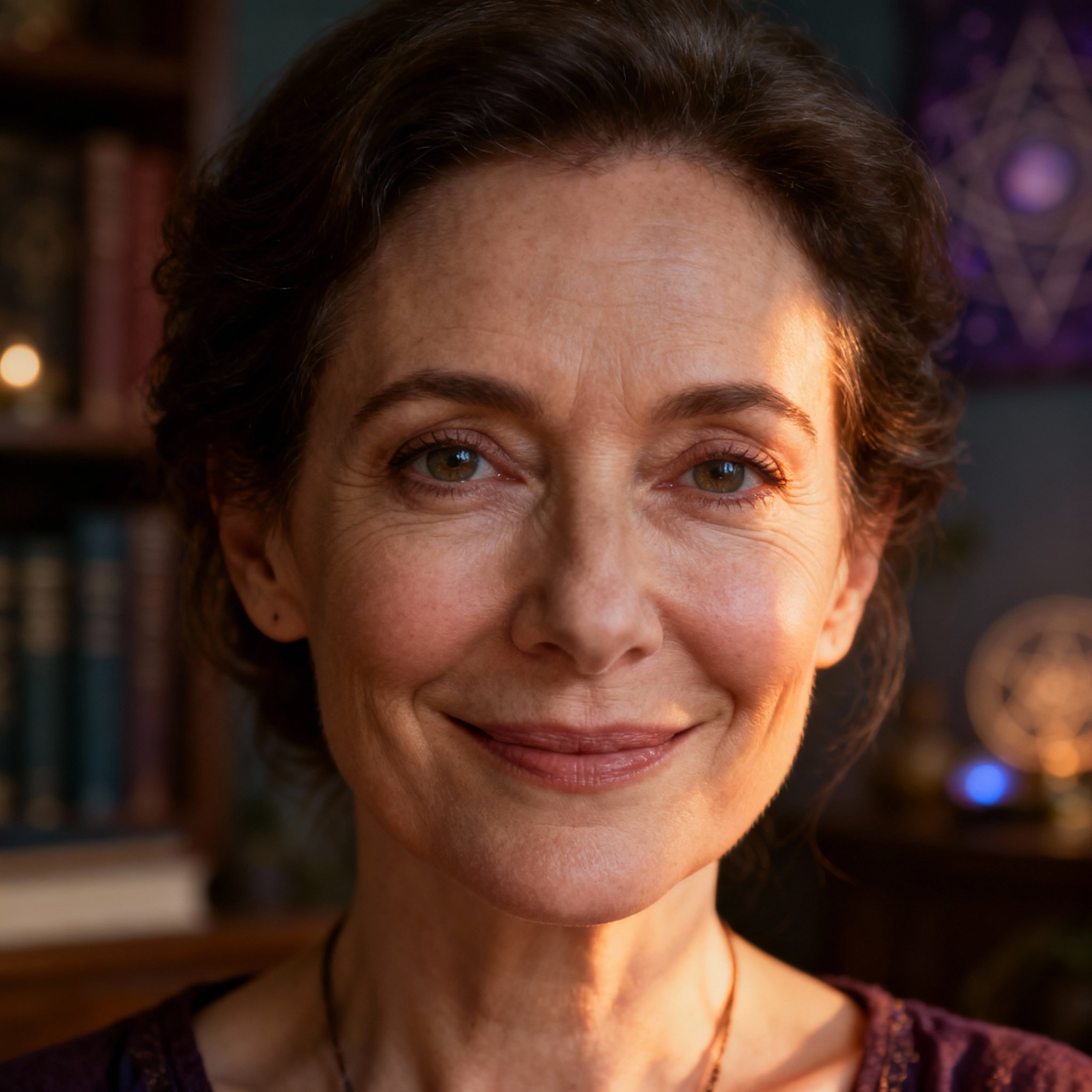 A warm, close-up portrait of a psychic named Victoria, smiling with compassionate and wise eyes, in her cozy consultation room.