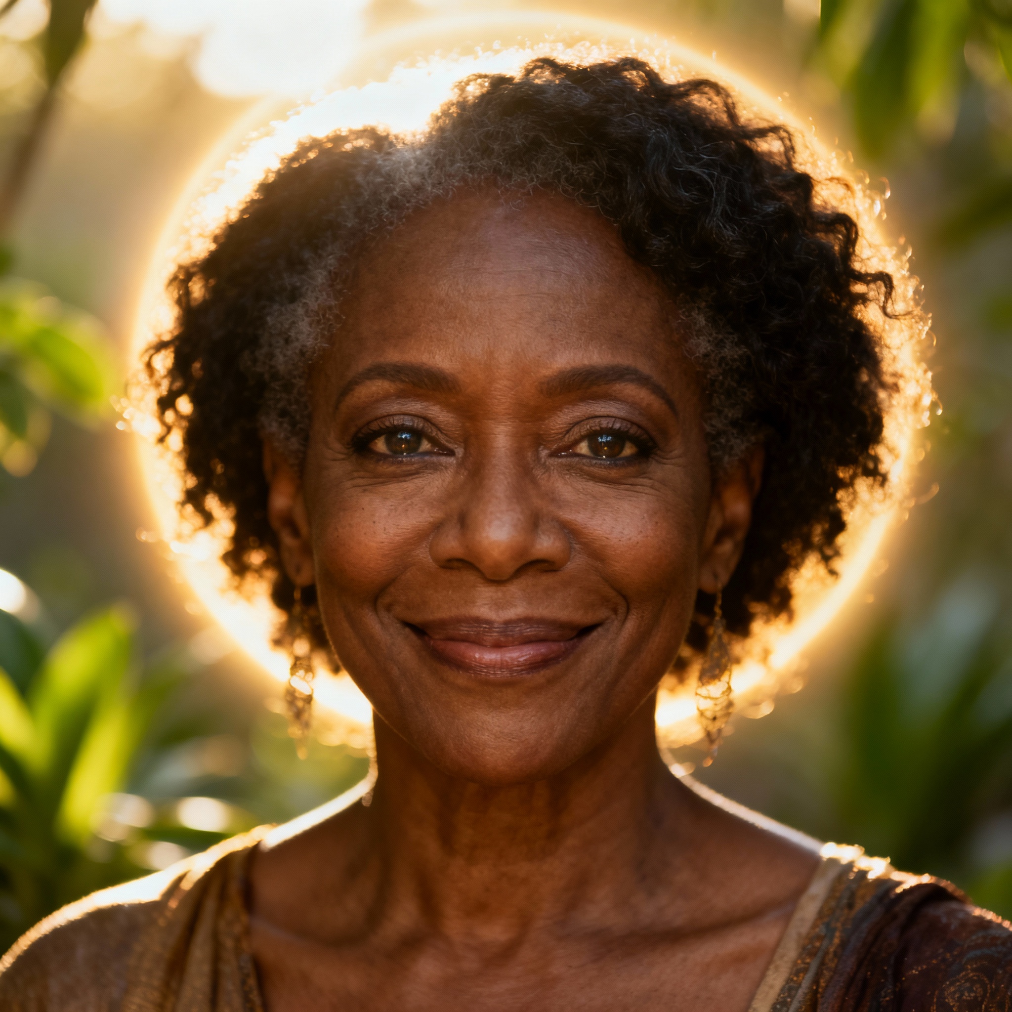 A close-up portrait of Kaliesha, a wise and compassionate middle-aged female psychic advisor. She has a warm, trusting smile, and the background is filled with soft, natural light, creating a serene and professional atmosphere.