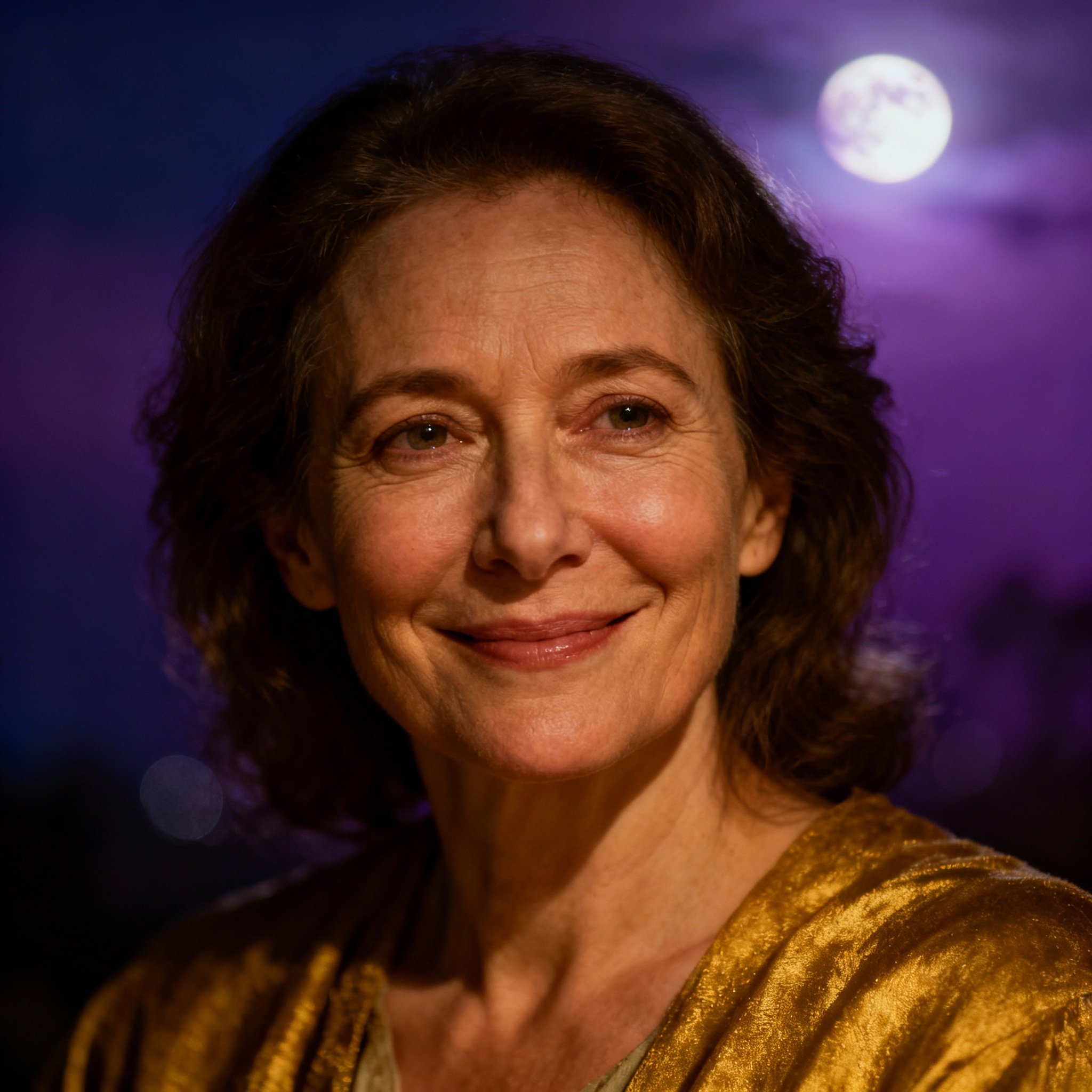 A close-up portrait of psychic advisor Amythest Moon, a mature woman whose eyes convey wisdom, empathy, and warmth. Soft lighting highlights her kind expression against a deep purple background, creating an atmosphere of trust and mystique.