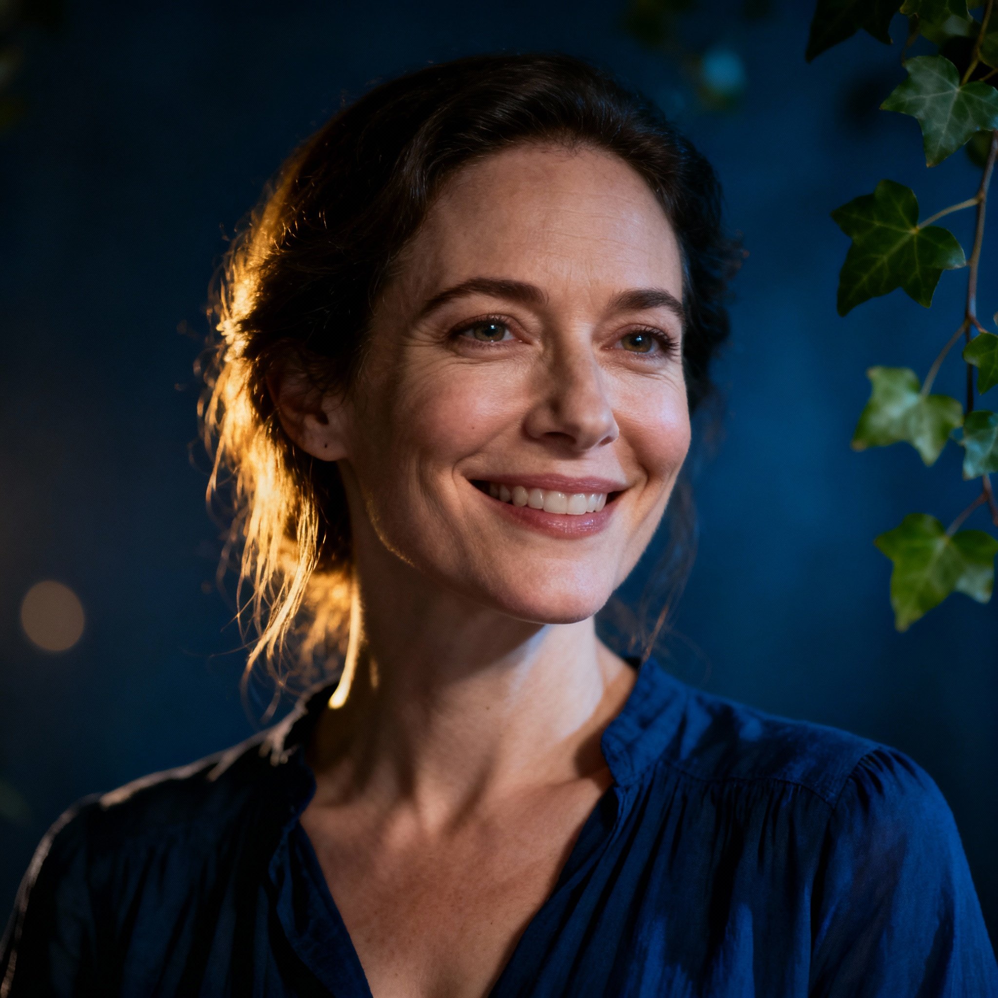 A close-up portrait of a female psychic named IvyBlue, featuring a gentle smile and compassionate, wise eyes. Soft lighting illuminates her, with subtle elements of blue and ivy in the background, creating a serene and trustworthy atmosphere.