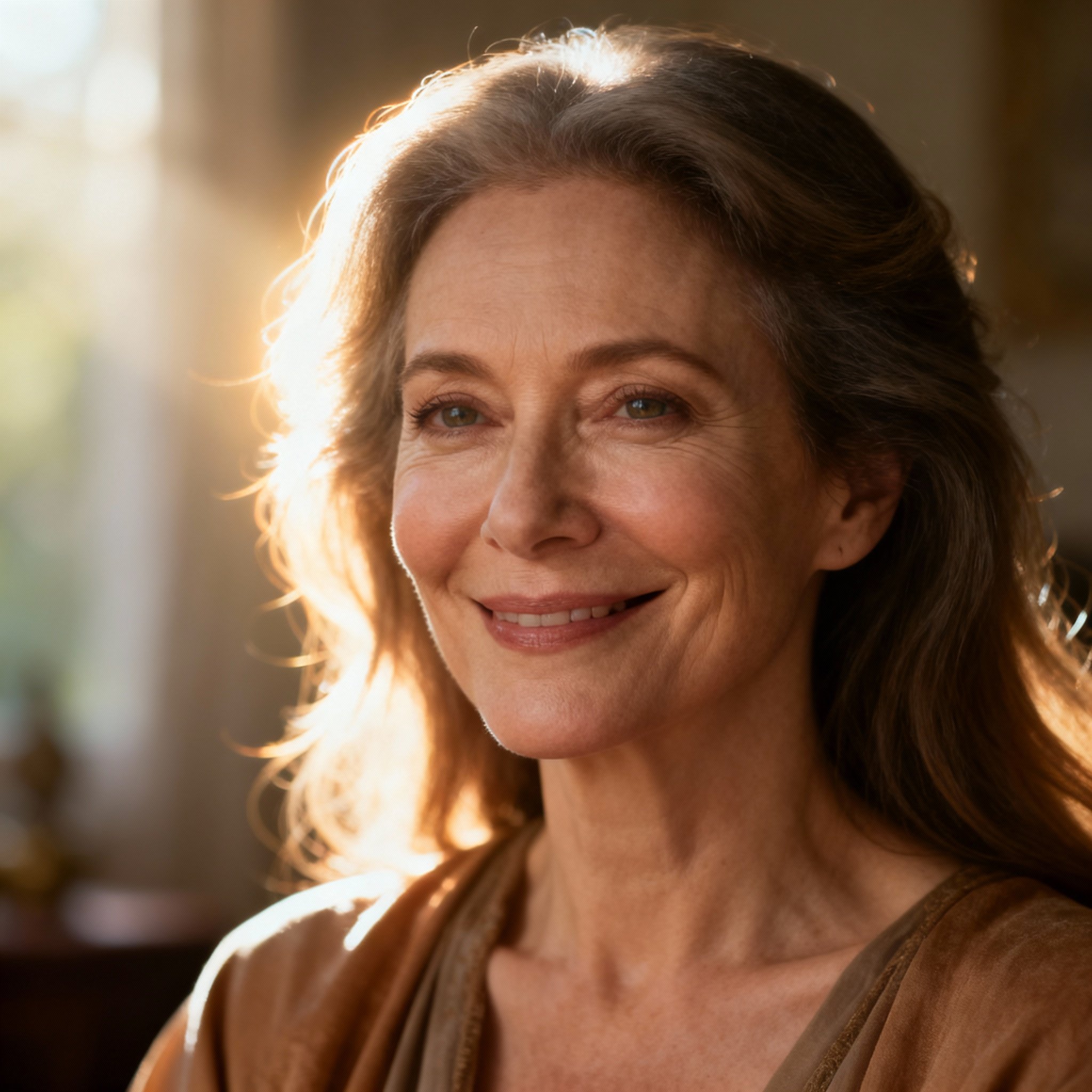 A close-up portrait of a wise and compassionate middle-aged female psychic, her warm eyes and soft background creating a sense of trust and reassurance.