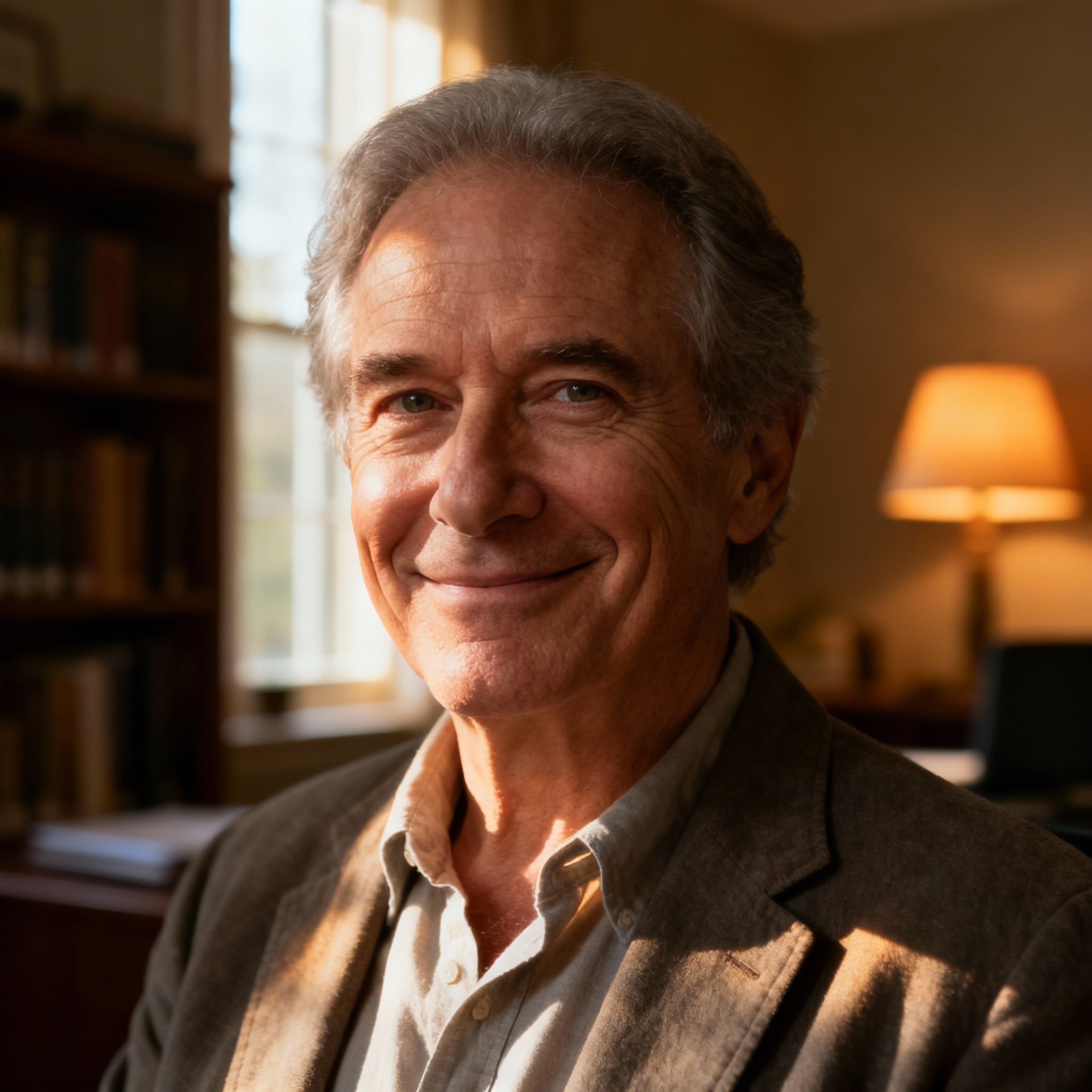 A close-up portrait of a mature man, Gregory Paul. He has a wise and empathetic expression, set against a warm, inviting consultation room, suggesting trust and deep insight.