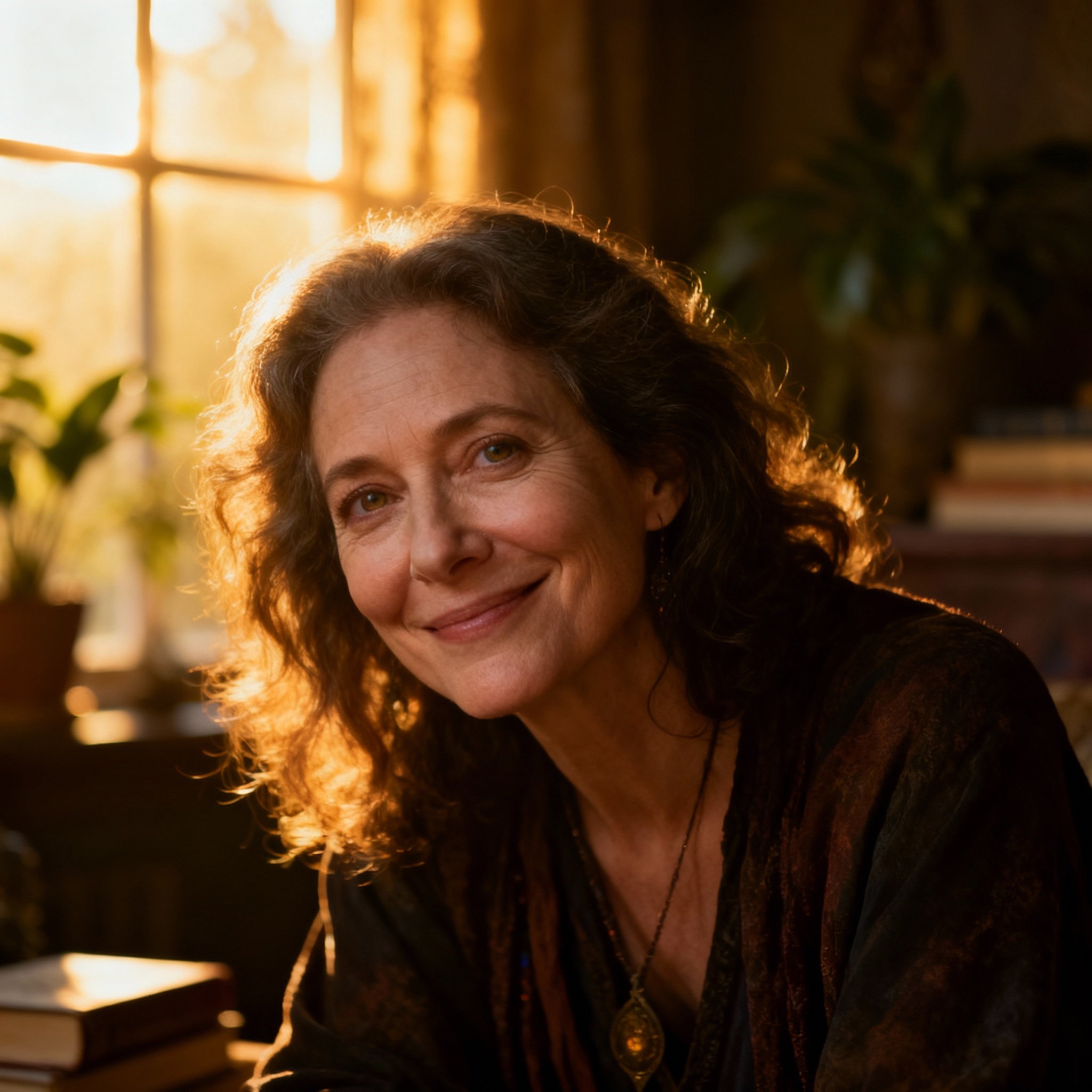 A close-up portrait of a wise and compassionate female psychic. Her warm gaze conveys trust, set against the backdrop of a soft, comfortable consultation room.