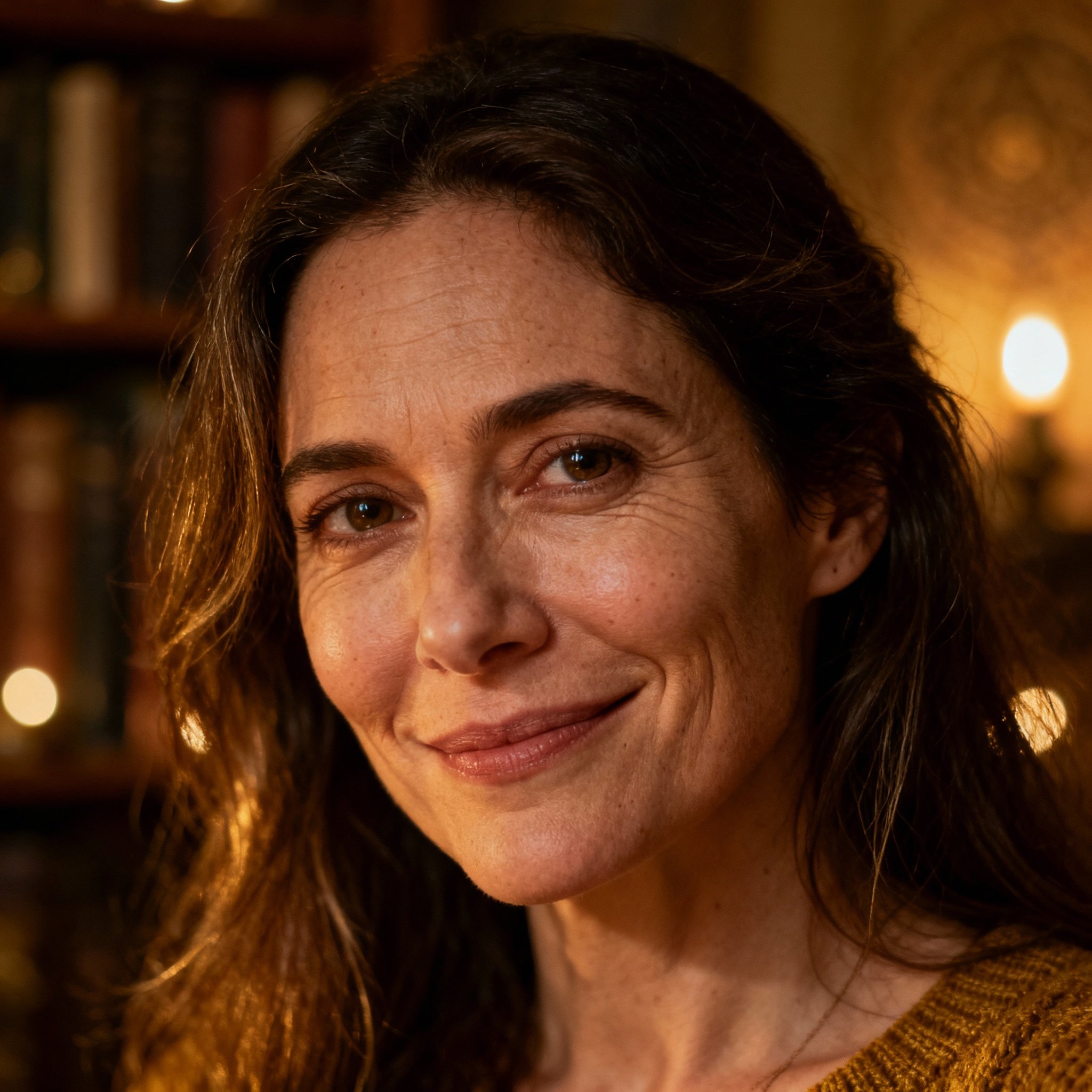 A close-up portrait of Ava StClaire, a wise and compassionate female psychic. She has warm eyes and a gentle smile, with a soft-focus study in the background, creating a professional and trustworthy atmosphere.