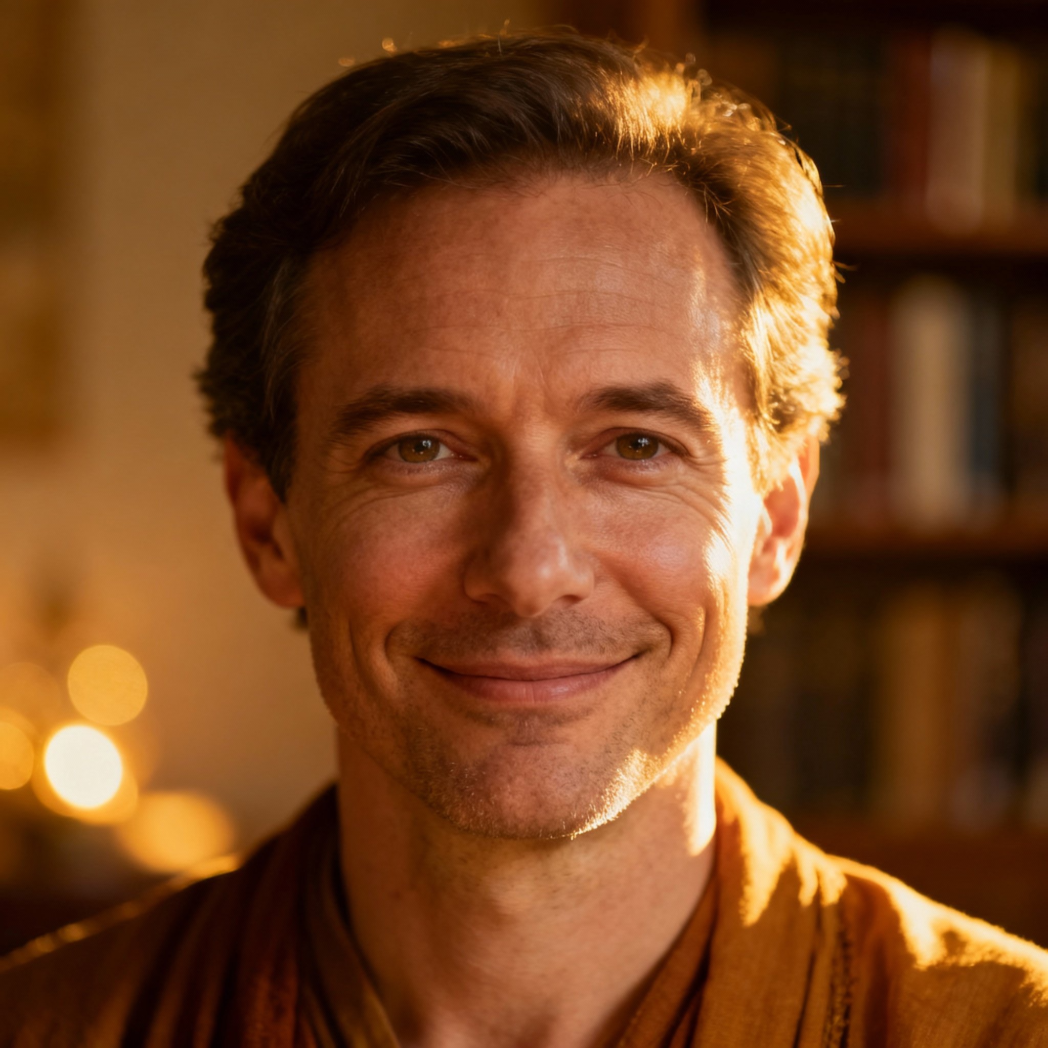 A close-up portrait of a male psychic named Andrew. He has a gentle smile and compassionate eyes, with soft, warm lighting in the background, creating an atmosphere of trust and tranquility.