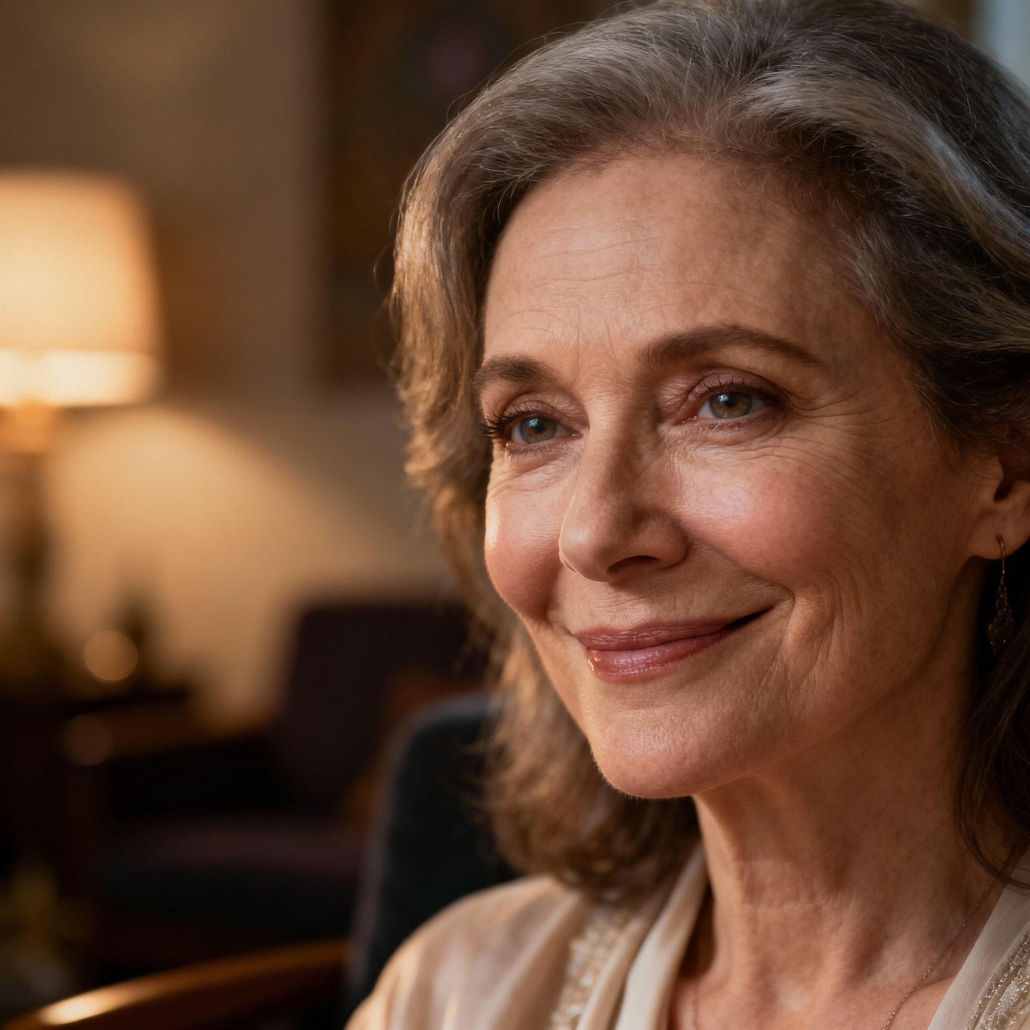 A close-up portrait of a warm, wise middle-aged female psychic, Donna. Her eyes show empathy, and the soft background creates a sense of reliability and comfort.
