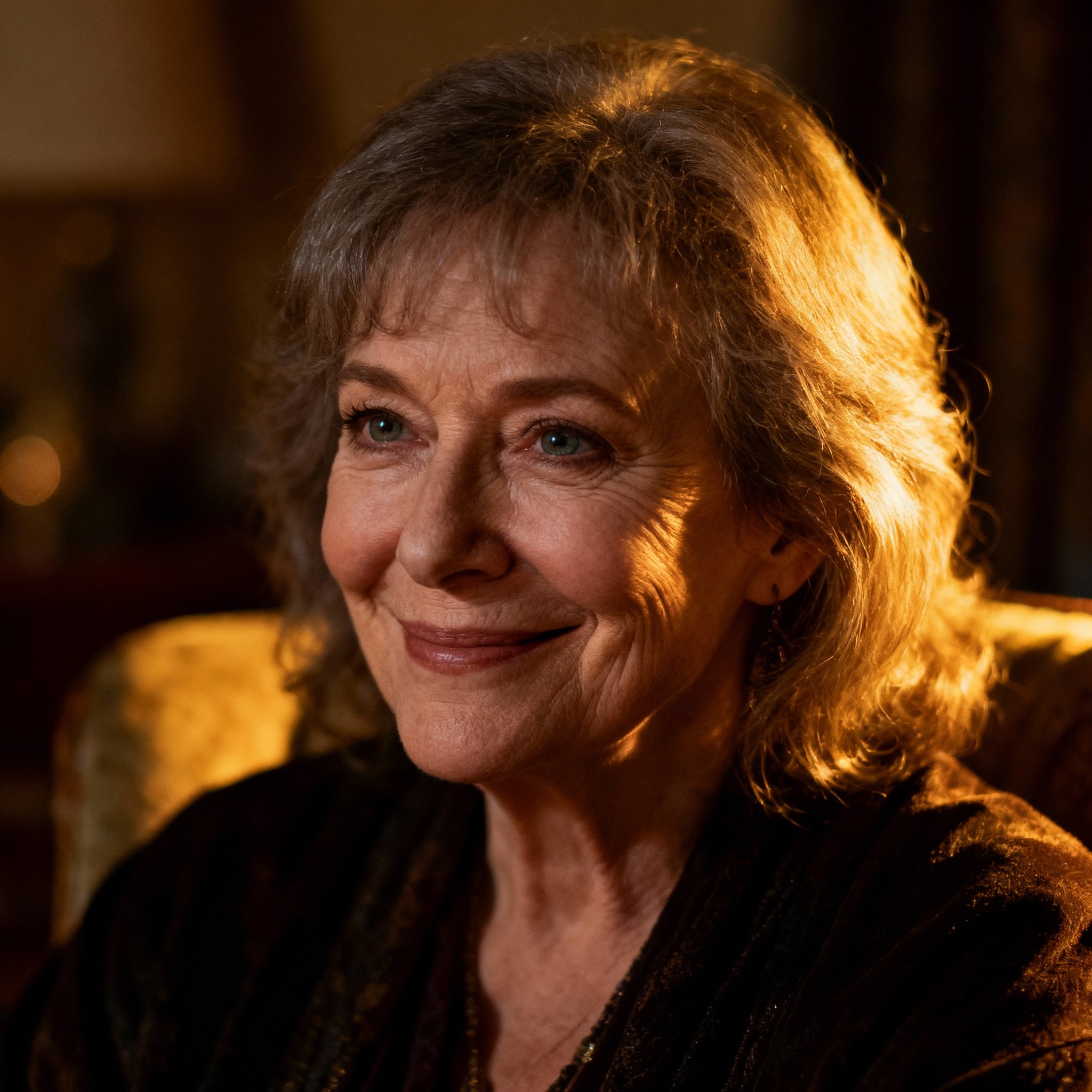A close-up portrait of psychic advisor Ann, featuring a warm, knowing smile and soft lighting that highlights her compassionate eyes, set against a cozy consultation room background.