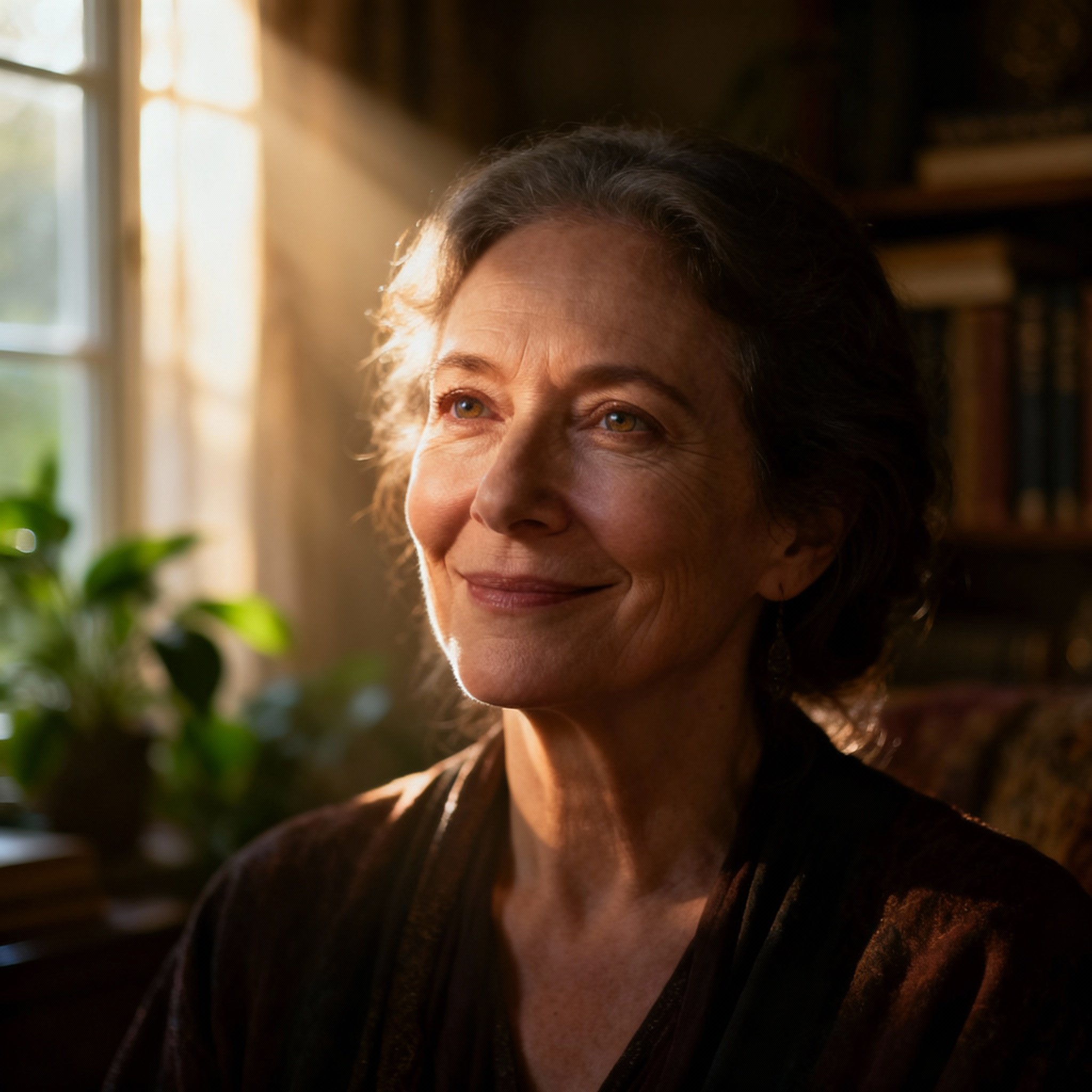 A close-up portrait of a female psychic in her late 40s. She has kind eyes and a warm smile, conveying a sense of trustworthiness and wisdom, with a soft, indoor lighting in the background.