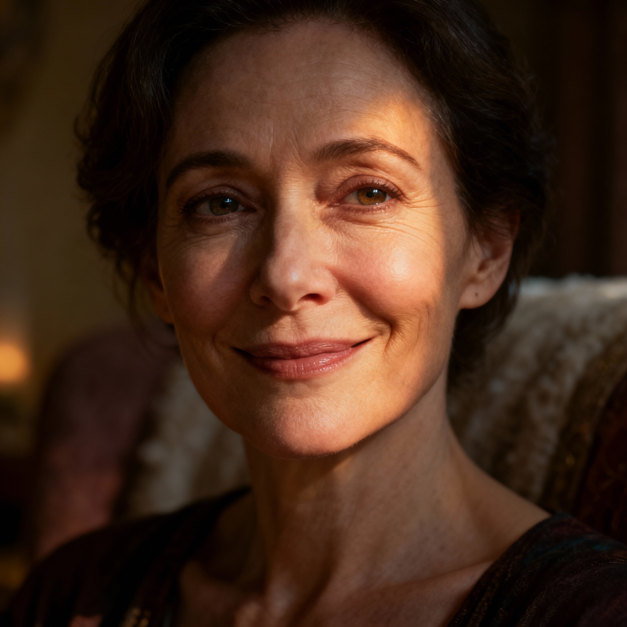 A close-up portrait of a female psychic named Ask Beth, with a warm, compassionate smile and wise, sincere eyes. The background is soft, creating a sense of trust.