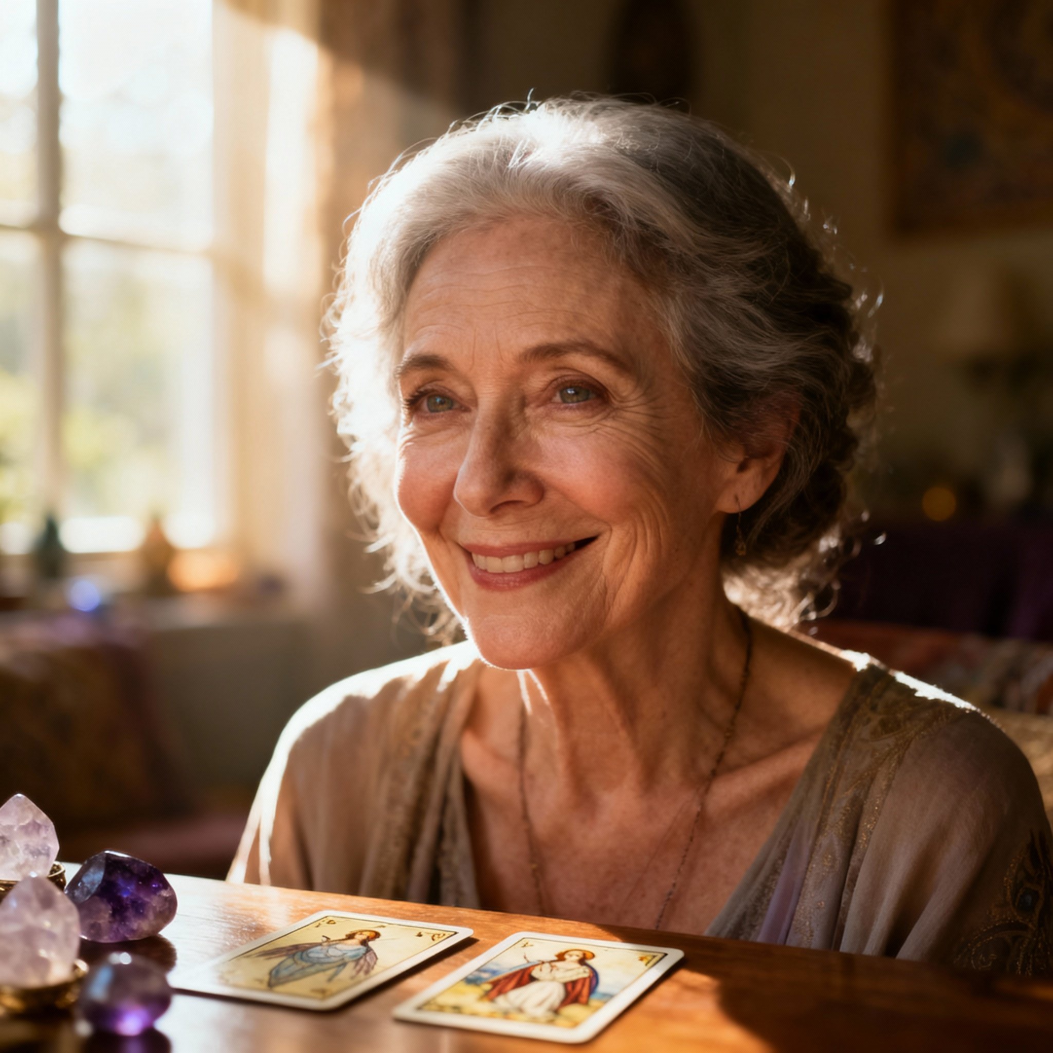 A close-up portrait of a mature, compassionate, and wise female psychic advisor, Harper Leigh. She has a warm smile, with soft lighting illuminating her features. Tarot cards and crystals are subtly blurred in the background, creating an atmosphere of trust and professionalism.