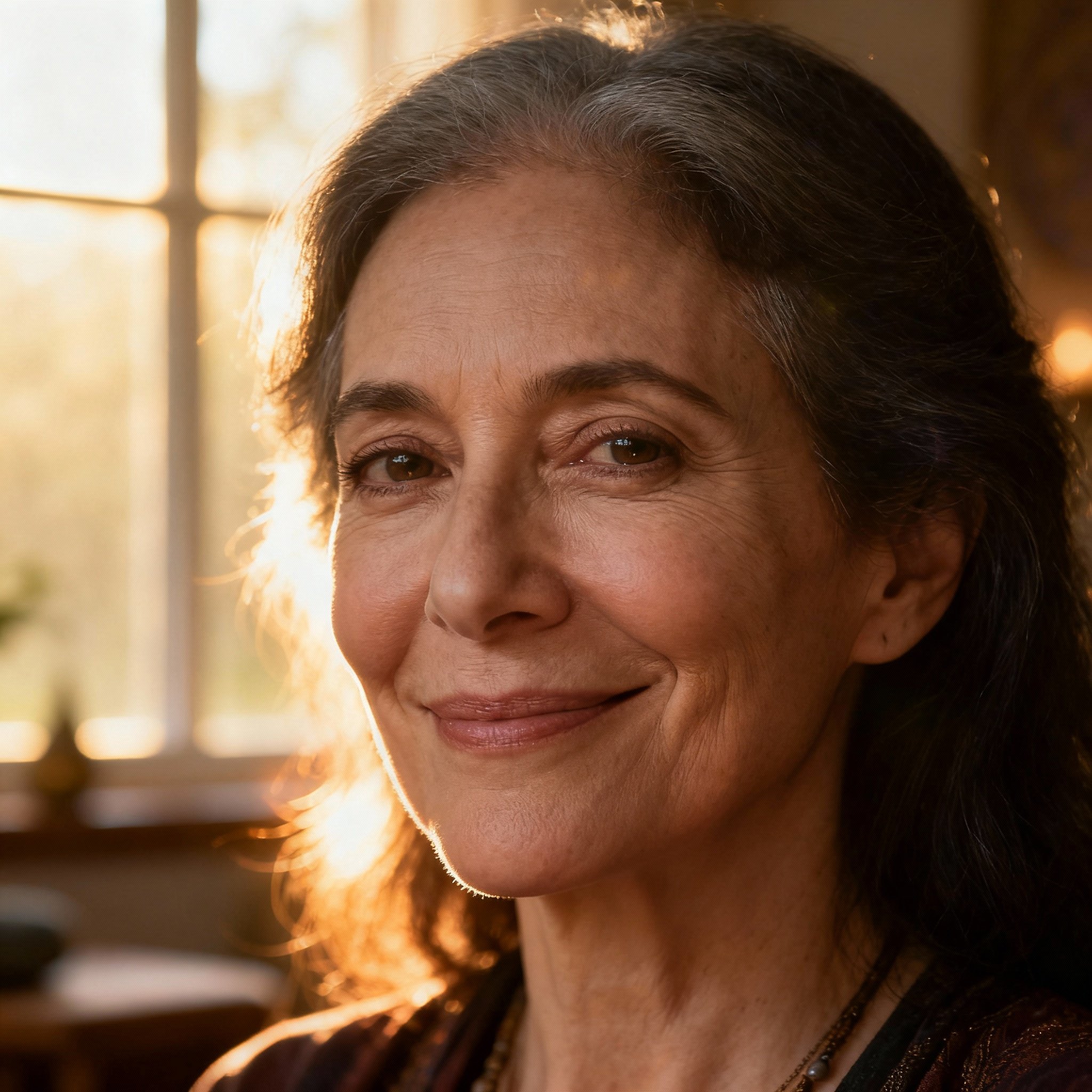 A close-up portrait of Jackie the psychic, with a warm and insightful smile, soft background, creating a sense of trust and empathy.