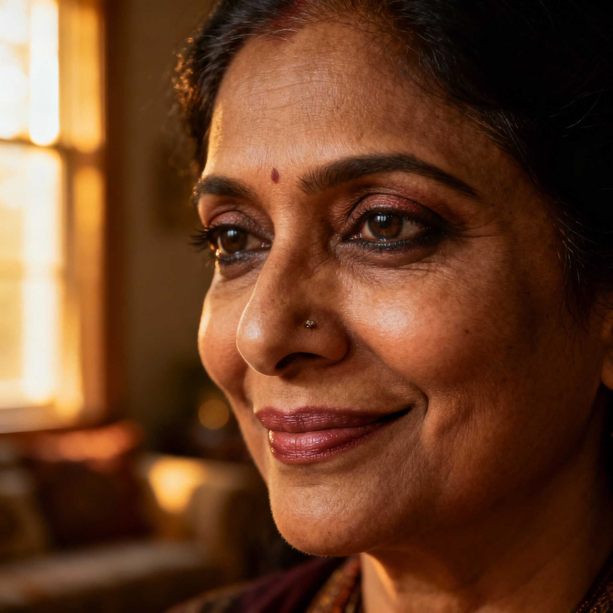 A close-up portrait of a middle-aged female psychic named Ruchi. She has a warm, compassionate smile and her eyes are full of wisdom and kindness, conveying a strong sense of trust. The background is a soft, comfortable indoor setting.