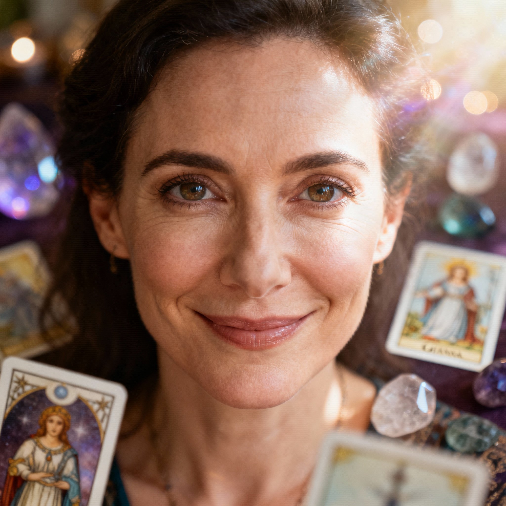 An artistic portrait of a compassionate and trustworthy female psychic, Gianna. She has a gentle, wise gaze and a slight smile, with a soft halo of light and blurred tarot elements in the background, creating a professional and reassuring atmosphere.
