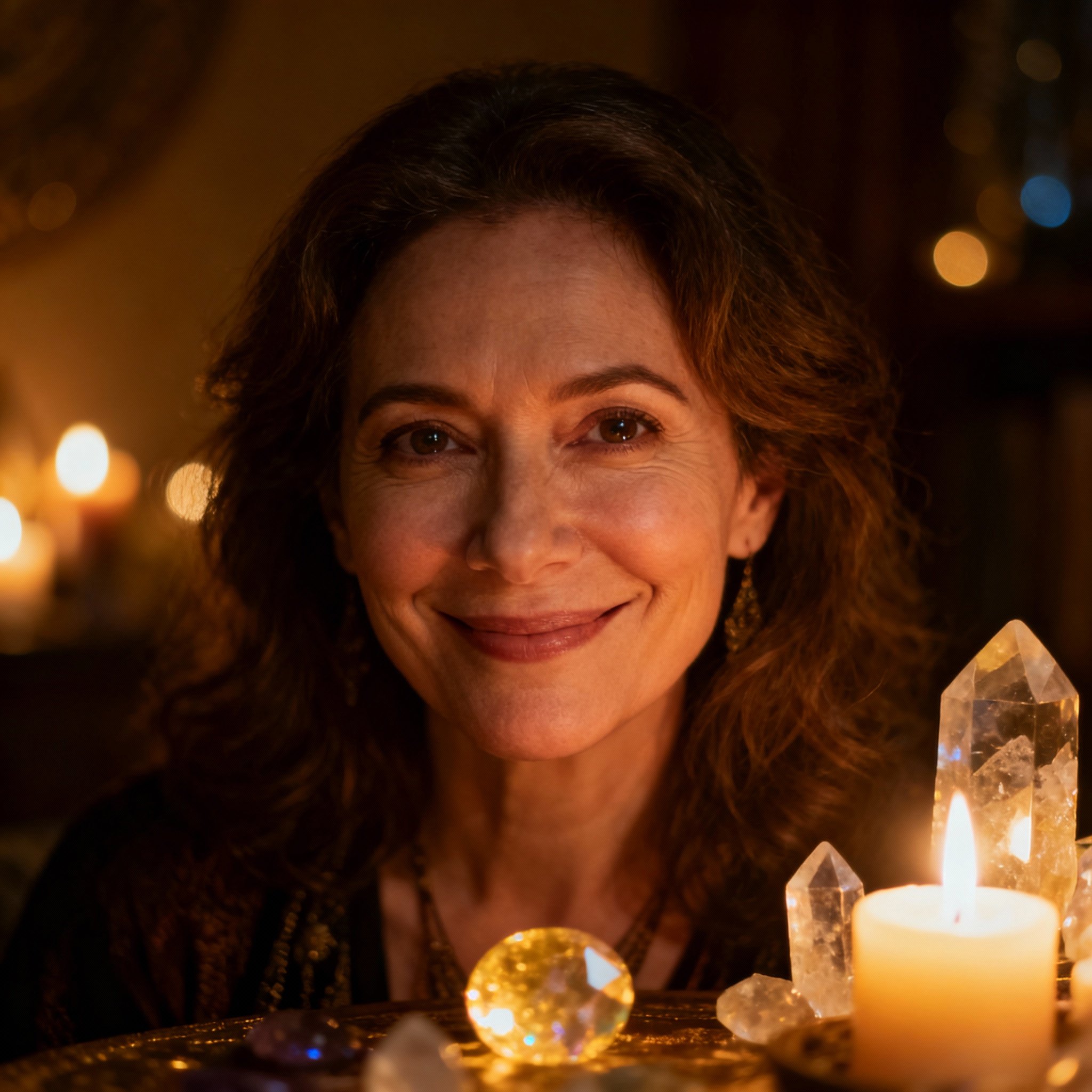 A portrait of a compassionate and wise female psychic, whose warm gaze and soft lighting create a sense of trust.