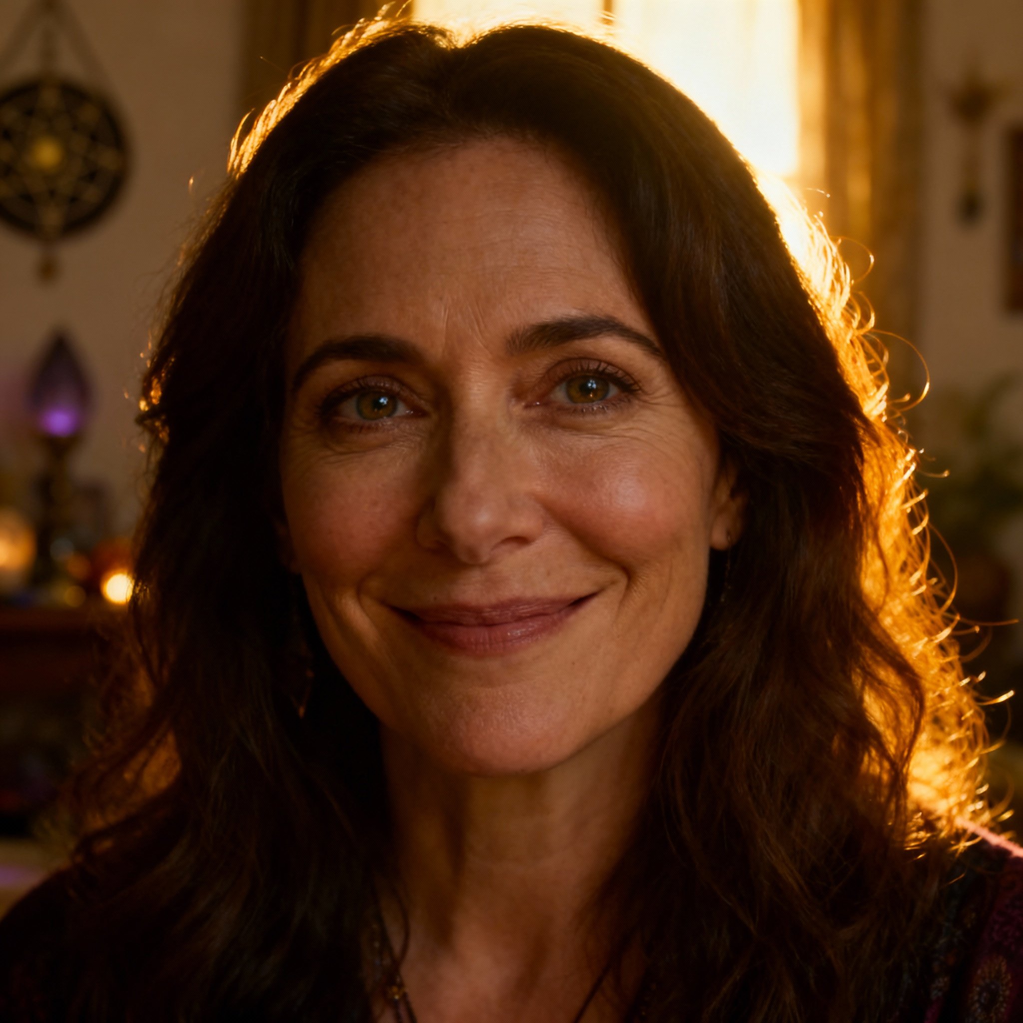 A close-up portrait of a compassionate, smiling psychic named Cassie. Her warm eyes convey trust and understanding against a soft-focus background.