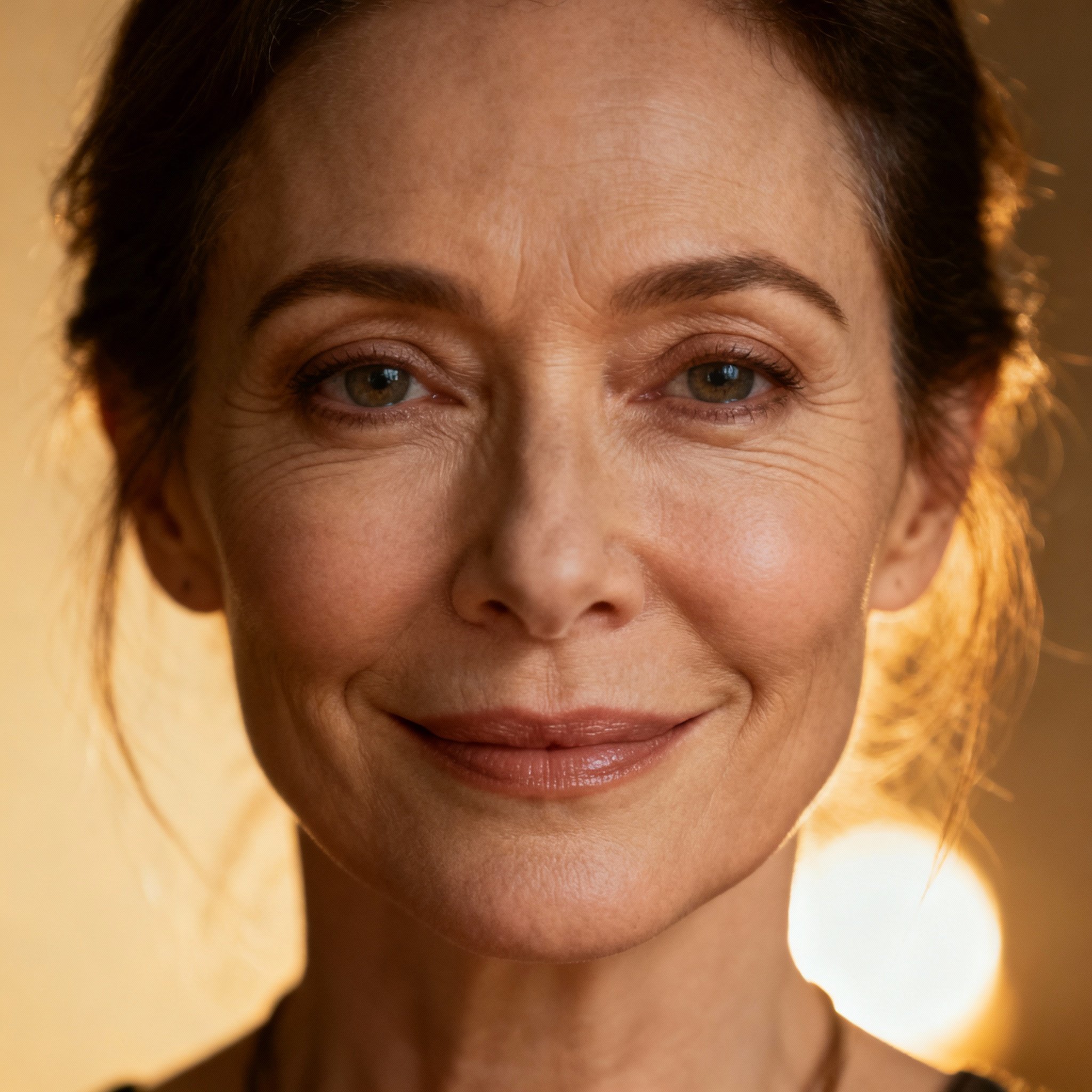 A close-up portrait of a wise and trustworthy female psychic, Ventura from the MysticSense platform, with a deep gaze and a calm expression.