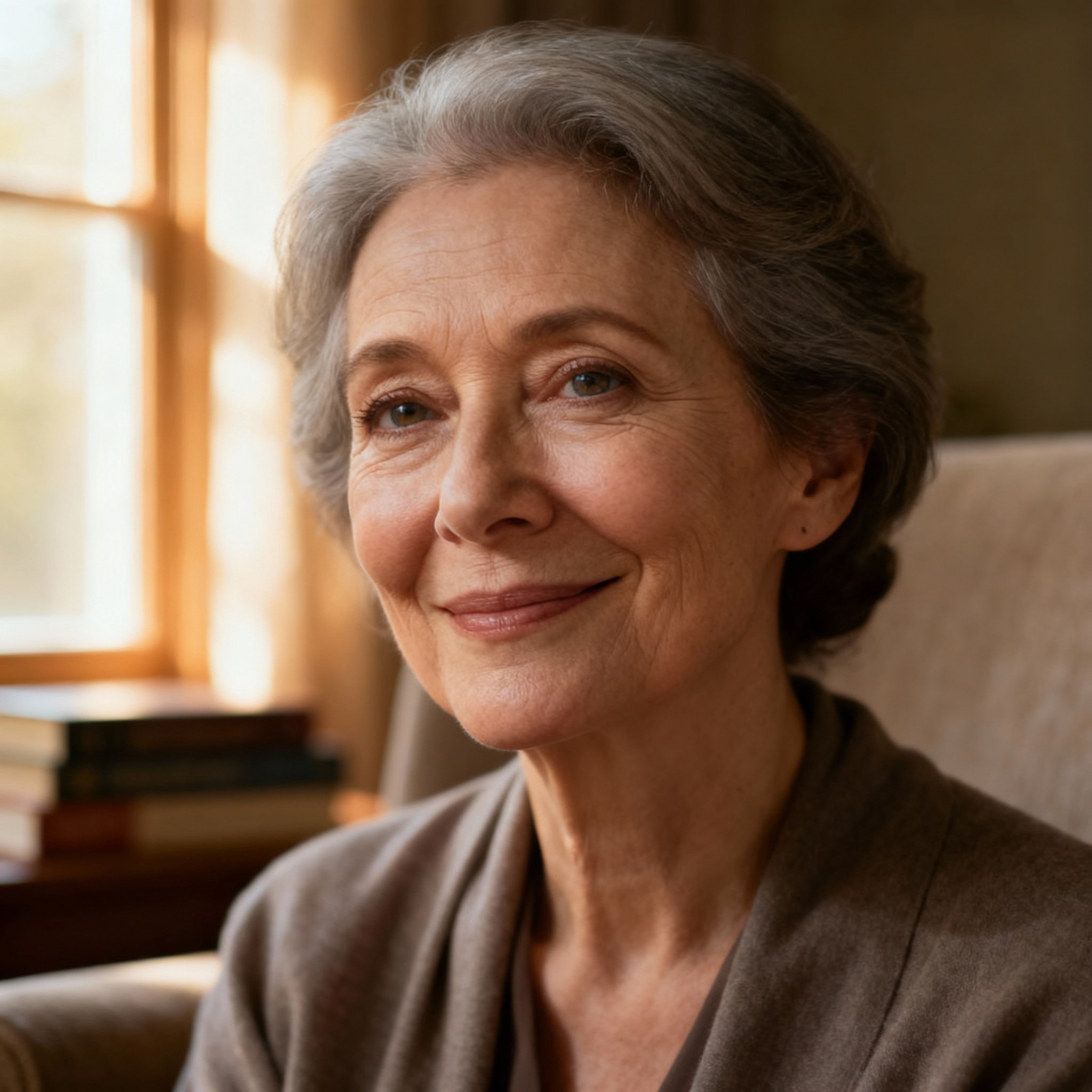 A close-up portrait of psychic advisor Katherine Violet. She is a warm, 50s-looking woman with wise and compassionate eyes. Soft light illuminates her against a cozy room background, creating an atmosphere of trust and serenity.