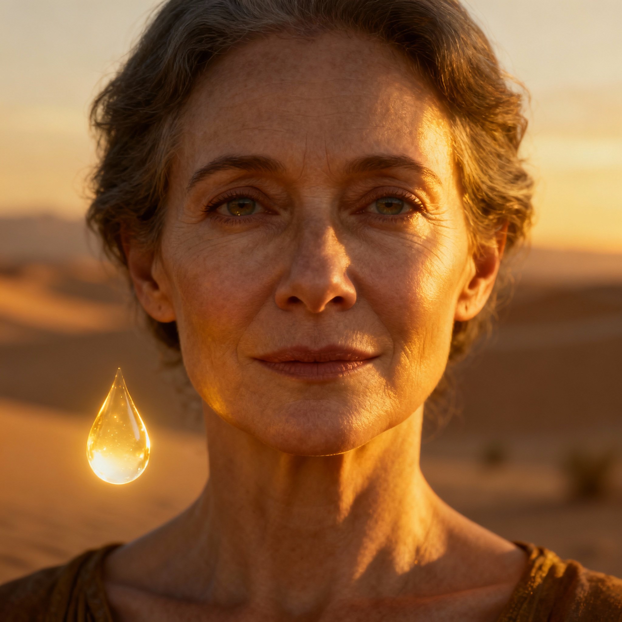 A close-up portrait of a compassionate, middle-aged female psychic with wise eyes. Her background is a soft desert dusk, with a single, symbolic drop of light-rain suspended in the air, creating a warm, serene, and trustworthy atmosphere.