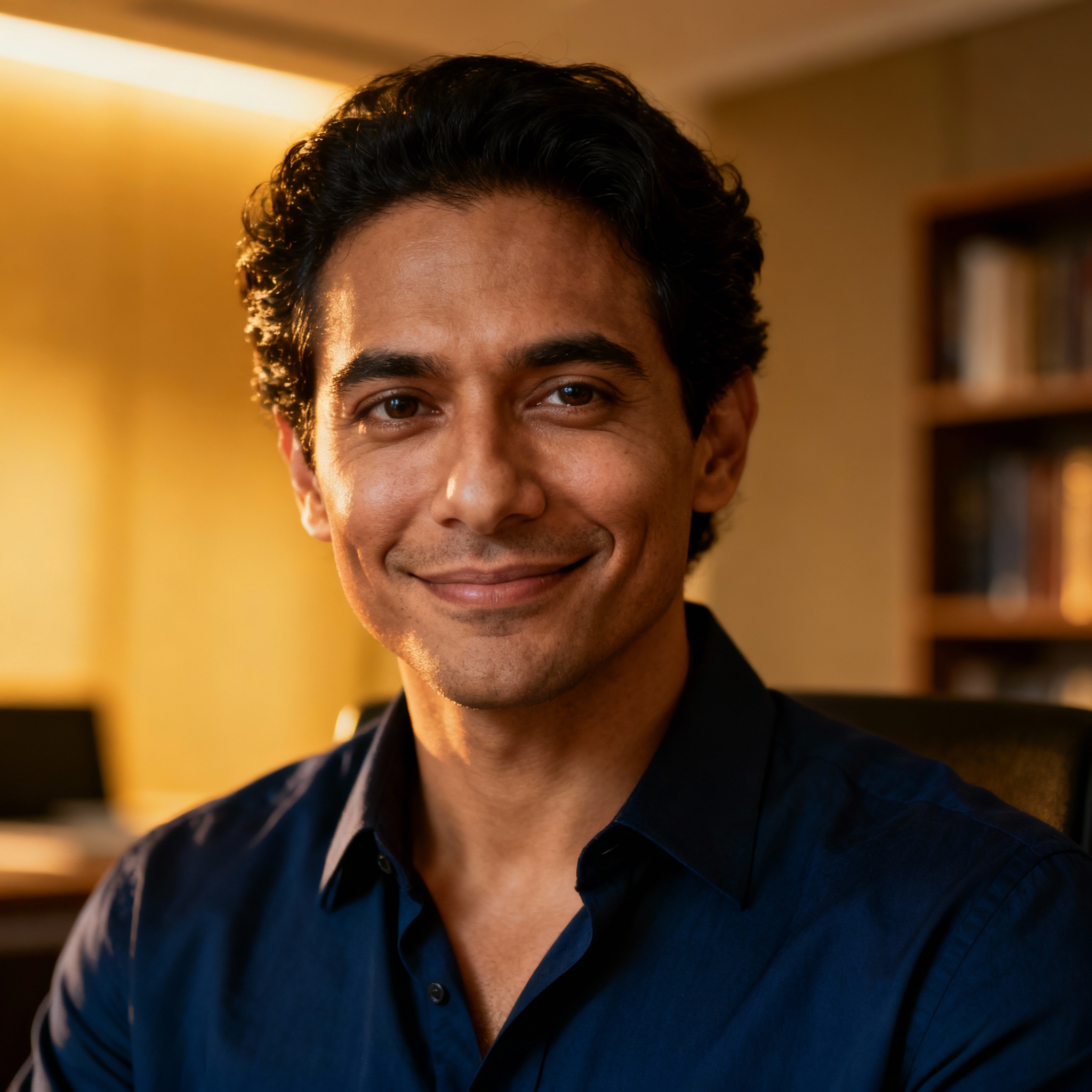 A professional headshot of a modern male psychic advisor, featuring a friendly smile and eyes full of wisdom and compassion, conveying a sense of trustworthiness and professionalism.