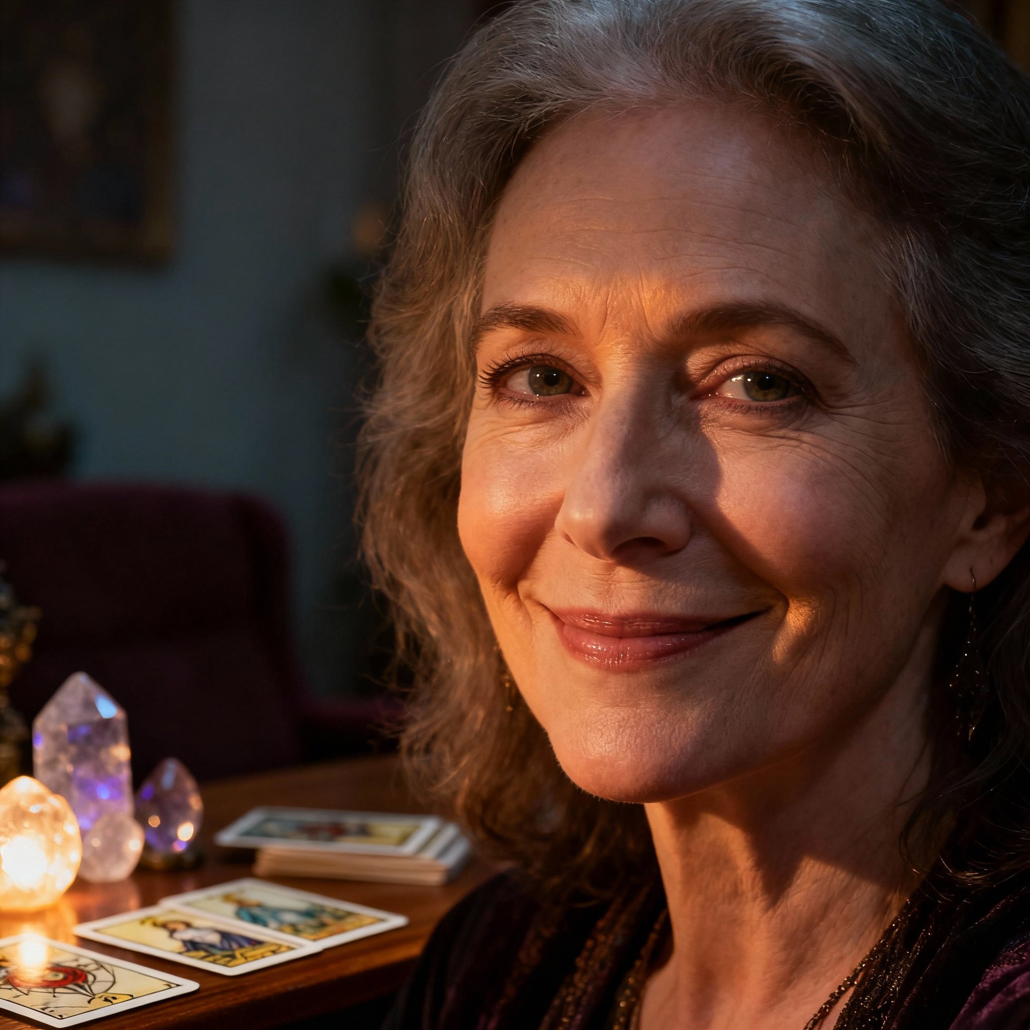 A close-up portrait of Oracle Lorraine, a wise and compassionate female psychic. She has a warm smile and deep, knowing eyes, with a soft-lit background creating a trustworthy atmosphere.