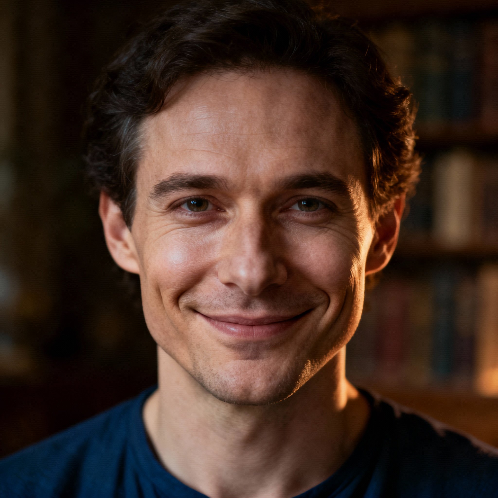 A close-up portrait of a male psychic named Silas, who has a friendly, warm smile and eyes full of wisdom and compassion. Soft lighting highlights his trustworthy presence.