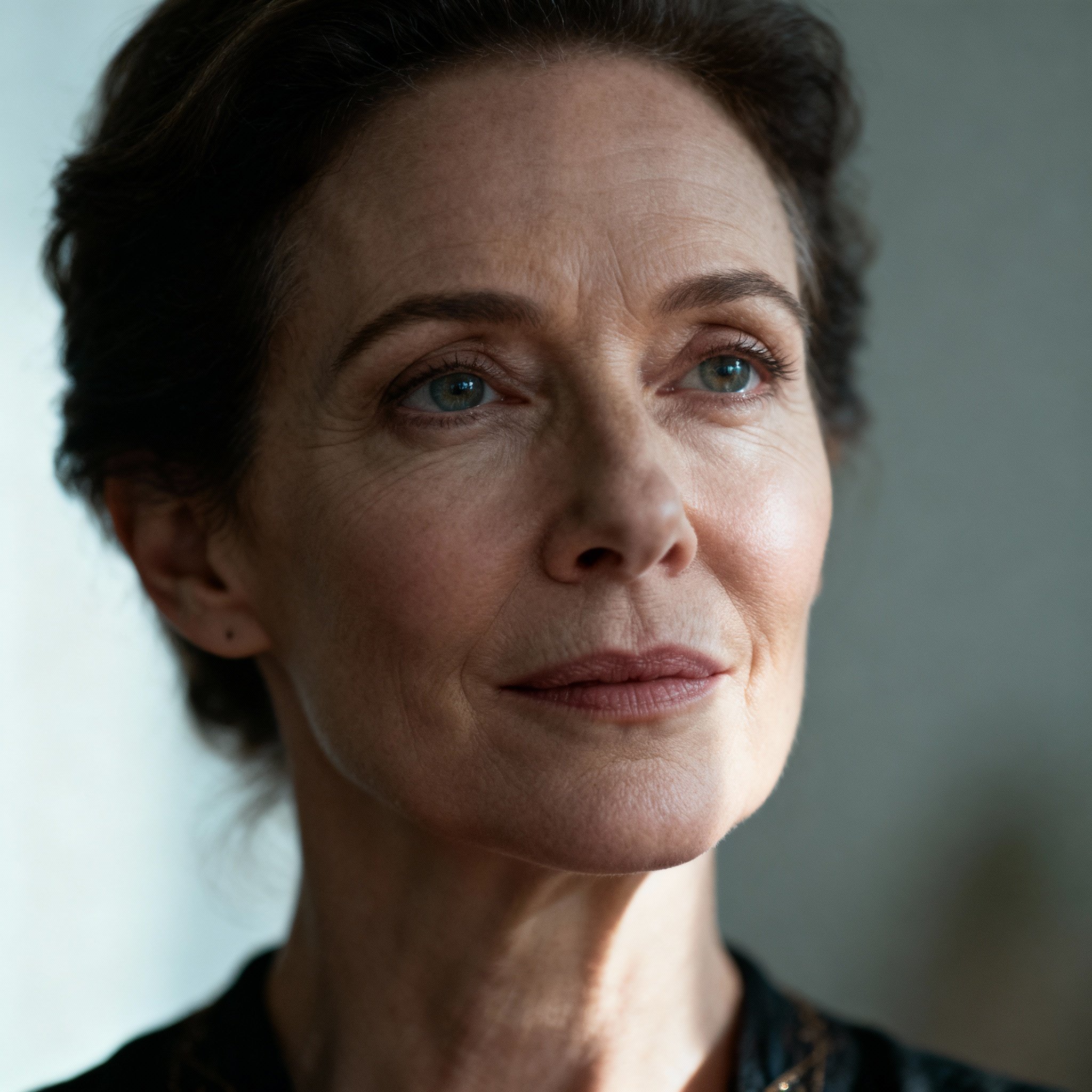 A close-up portrait of a wise and compassionate female psychic, Ariadne. Her gaze is gentle yet firm, against a soft background, creating a sense of trustworthy professionalism.