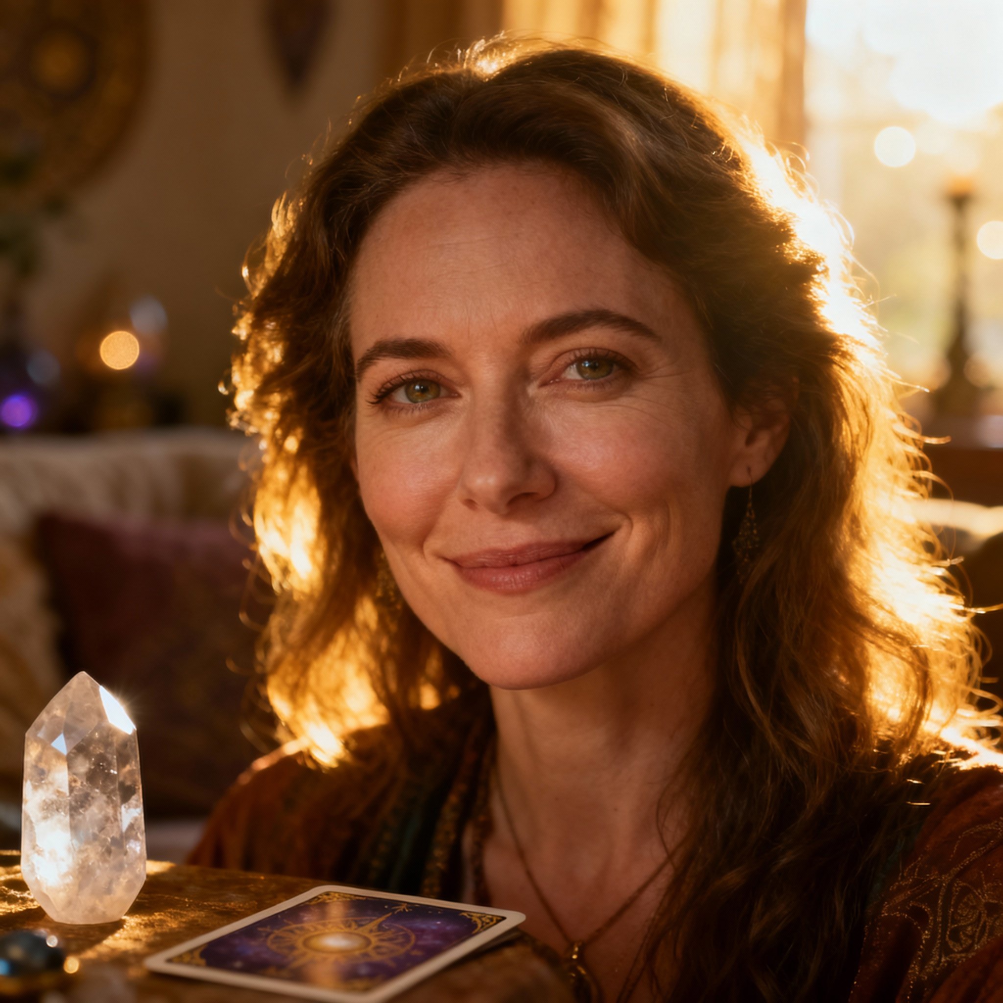 A portrait of a warm and trustworthy female psychic, Sky Flower, with a gentle smile and soft, ambient lighting, creating an atmosphere of comfort and empathy.