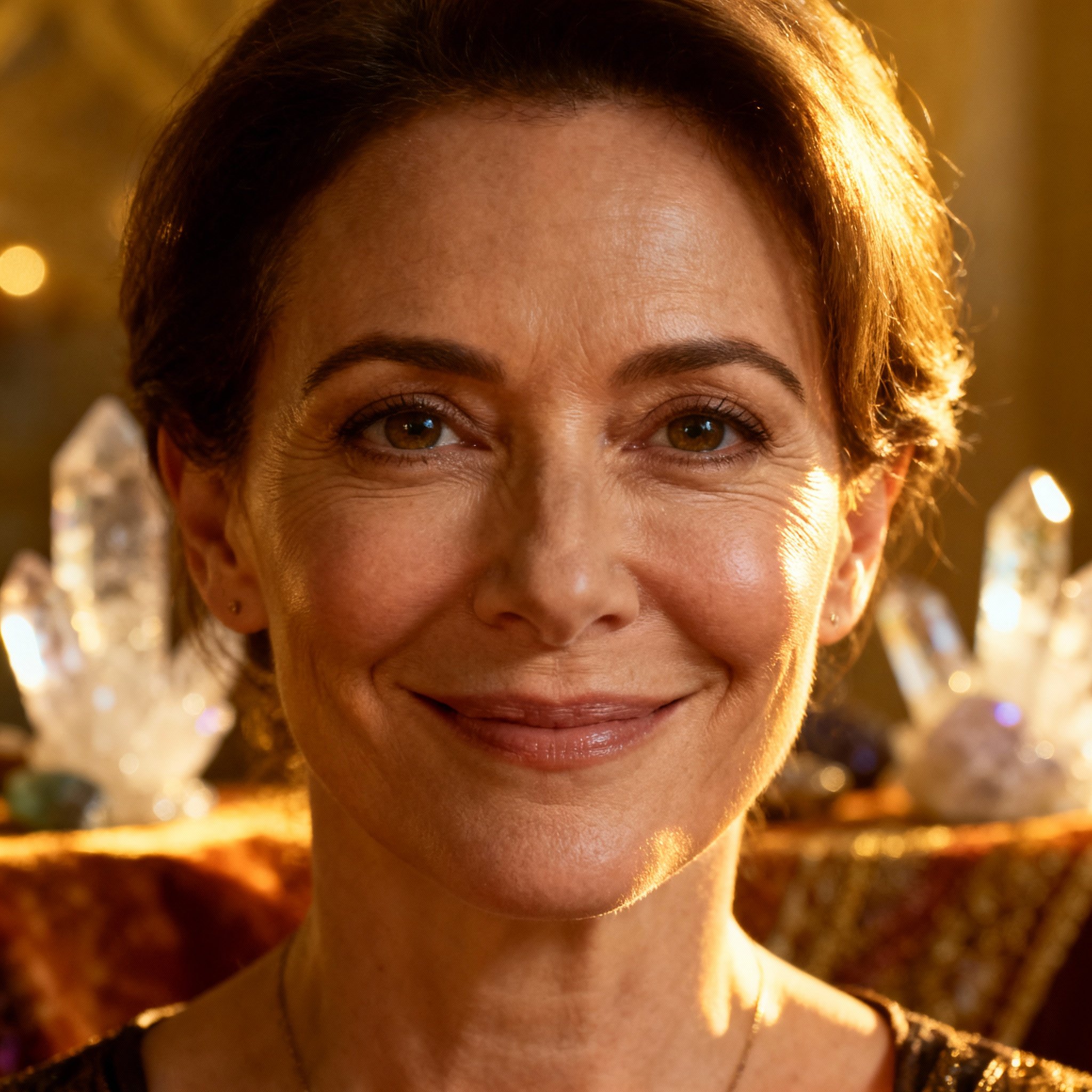 A close-up portrait of Psychic Monica, a Caucasian woman in her 40s with a warm, wise gaze and a gentle smile, set against a soft, cozy consultation room background, with lighting that creates a sense of trust and approachability.