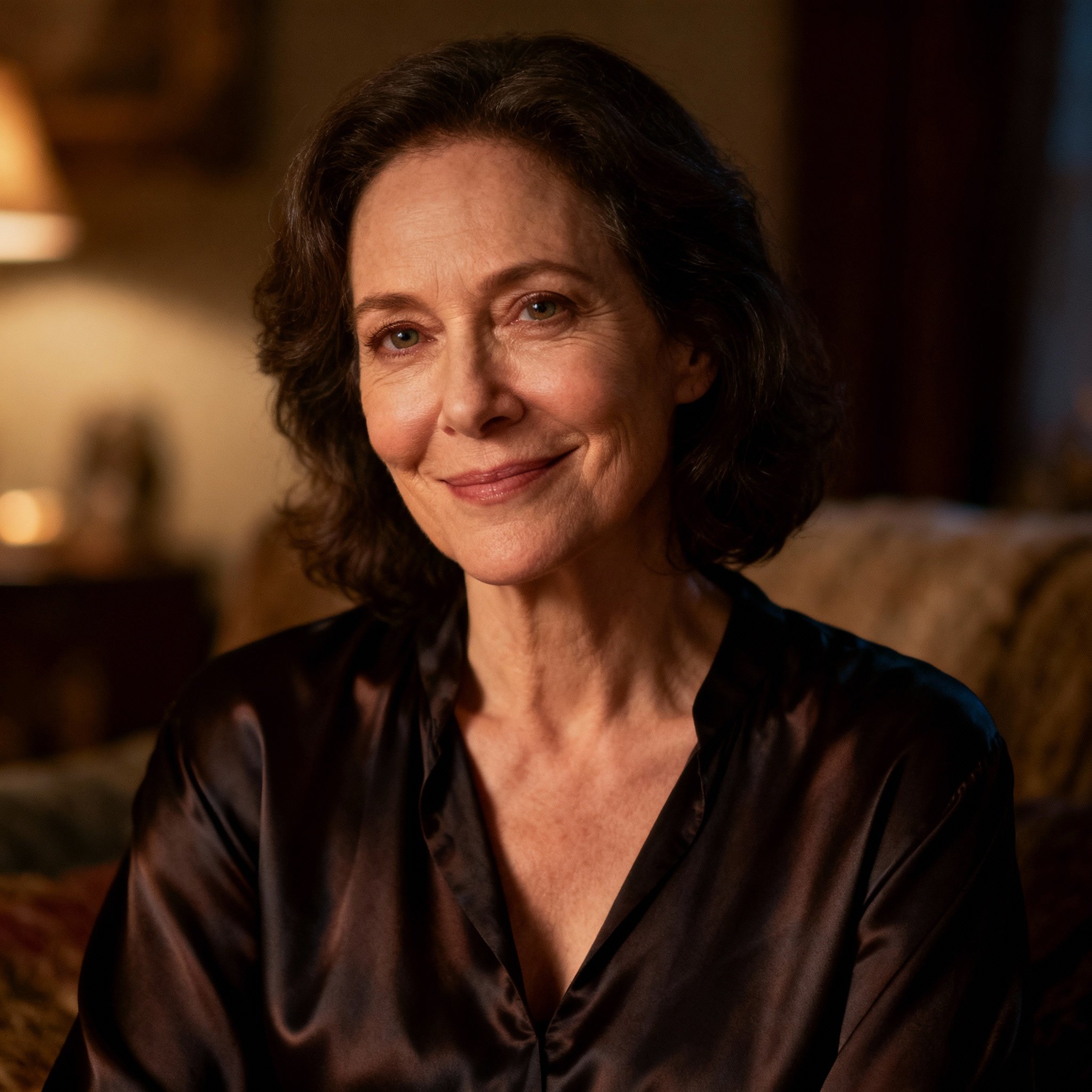 A close-up portrait of a wise and compassionate middle-aged female psychic with a warm gaze, set against a soft, out-of-focus background, conveying a sense of trust.