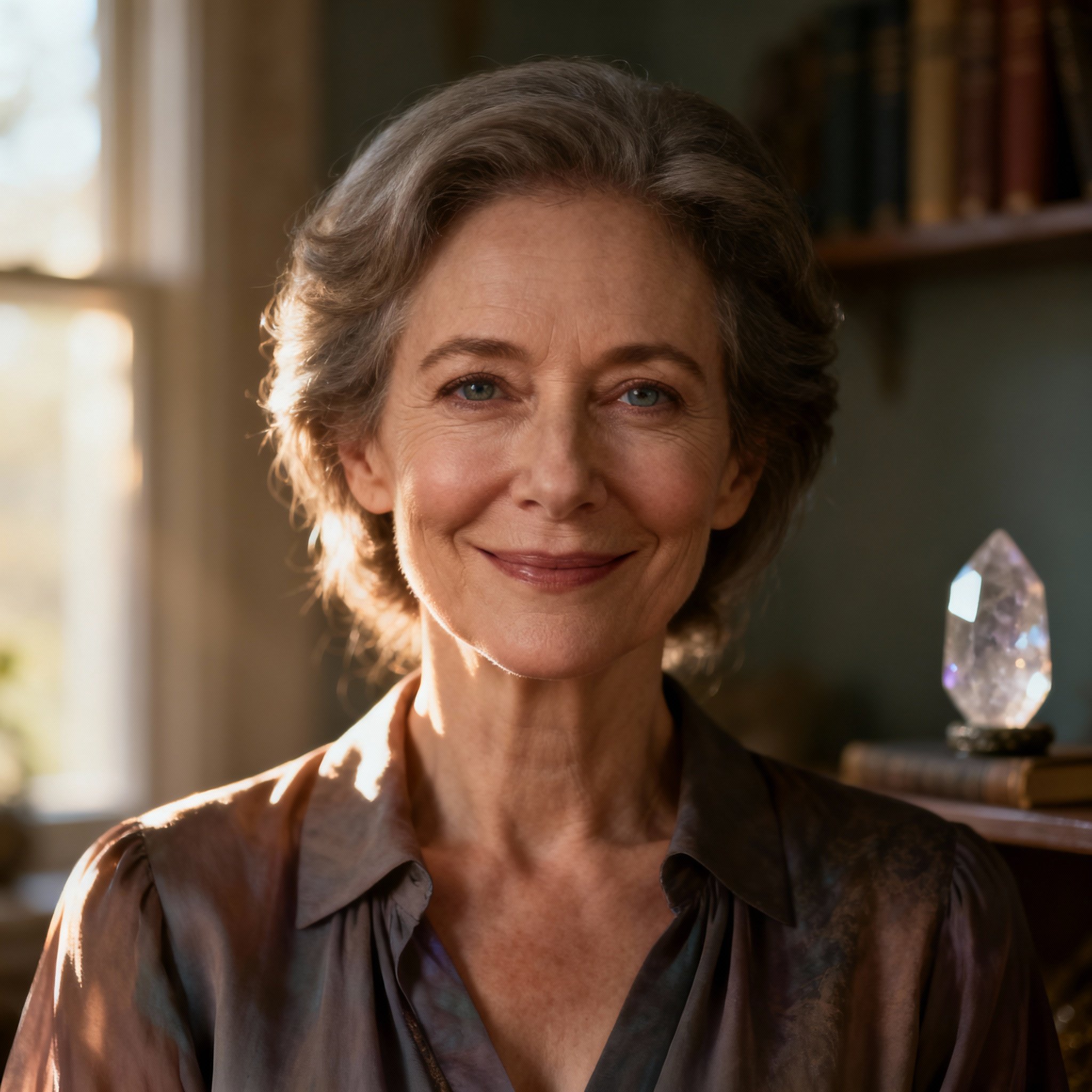 A wise and compassionate middle-aged female psychic advisor with warm eyes and a soft background, creating a sense of trust and professionalism.