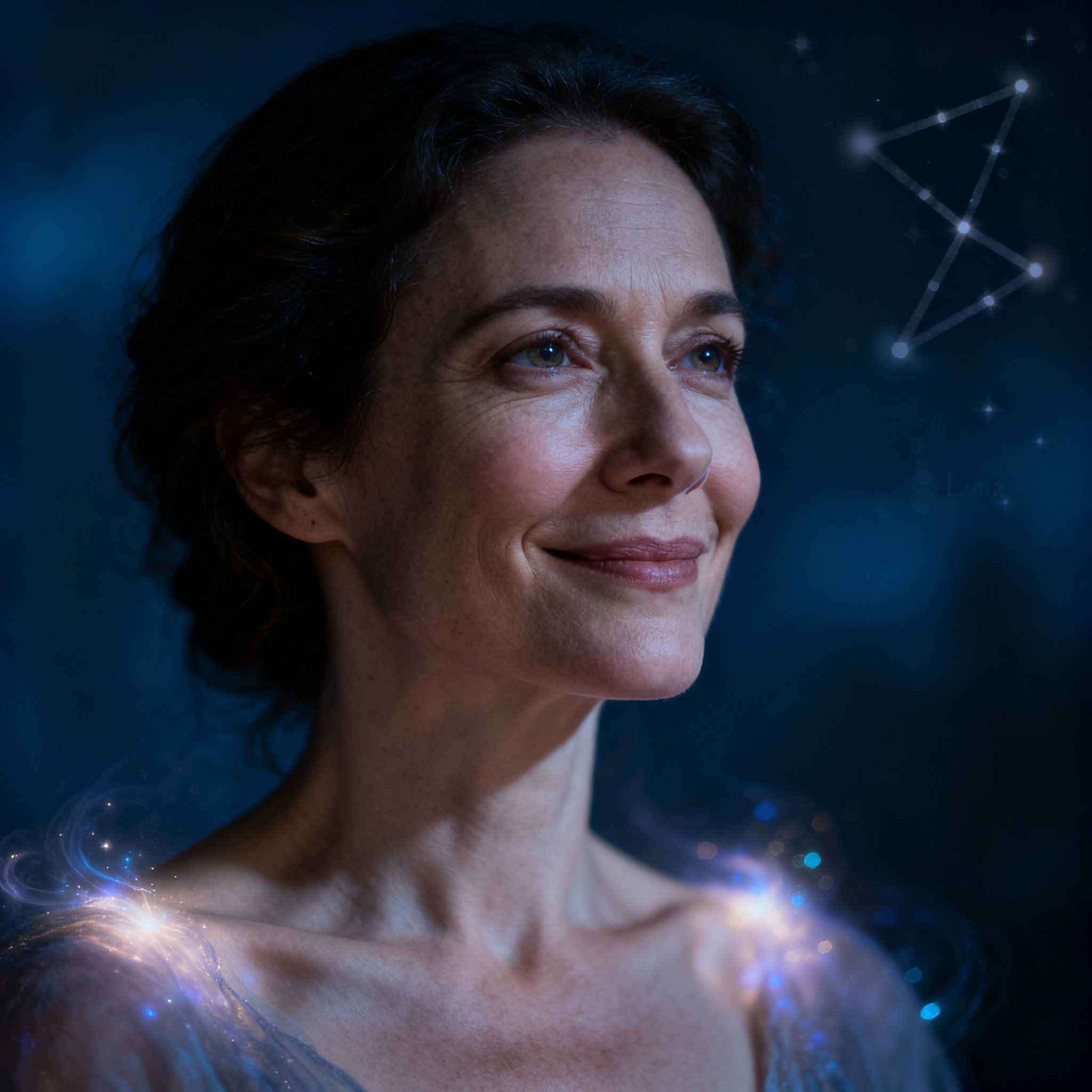 A close-up portrait of Luna, a modern female psychic full of wisdom and compassion. Her eyes are deep, with a background of soft light and stars, creating a sense of trust and mystery.